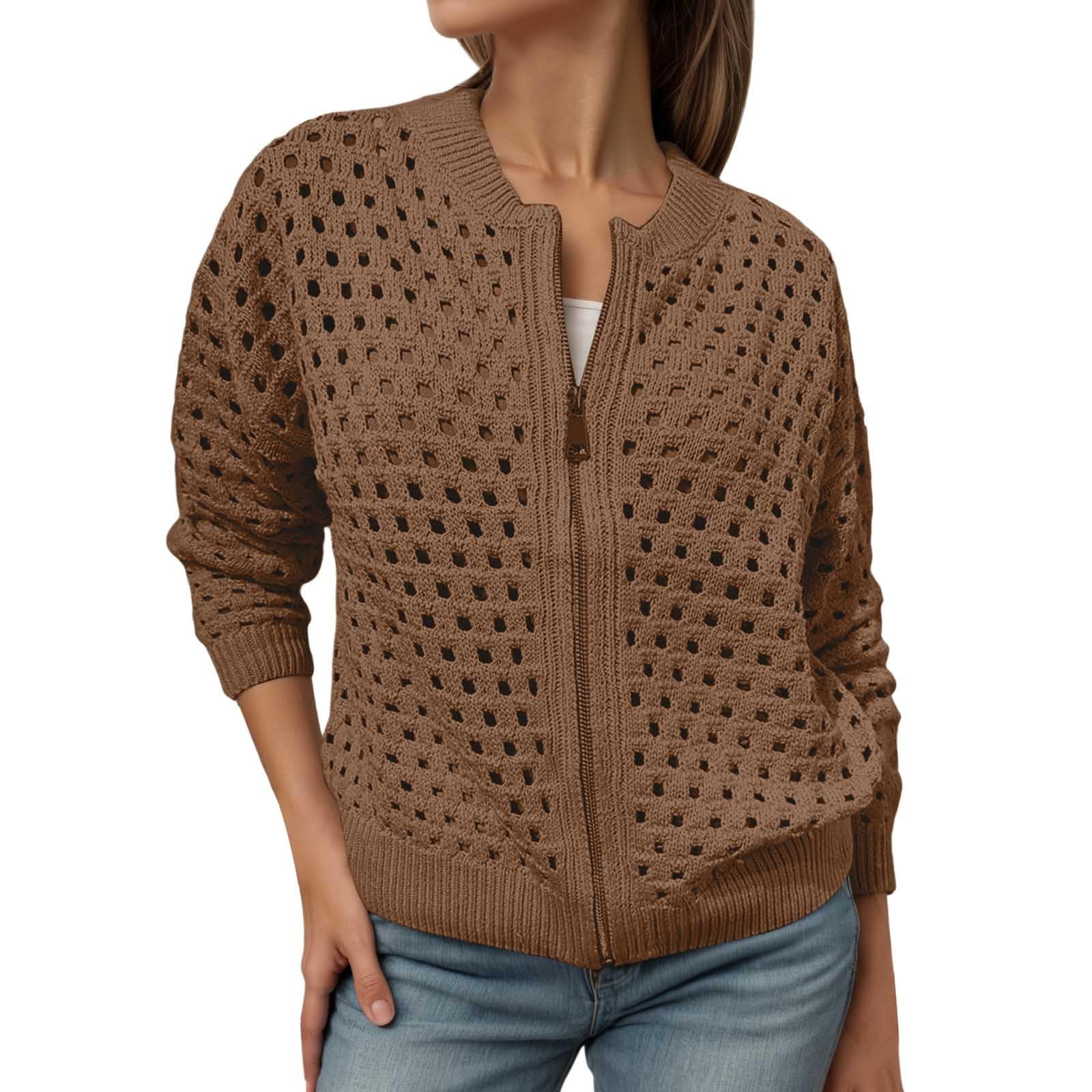 Premium Knitted Cardigan Long Sleeve Zip up Sweaters for Women Hollow Out Crochet Knit Jacket 0