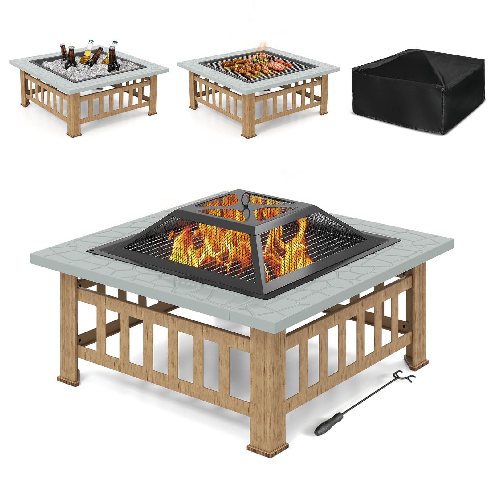 KOMFOTTEU Braciere da Esterno con Griglia e Coperchio, Cesto per Fuoco, Braciere in Metallo con Fuoco, Tisoniere, Parascintille, per Giardino, Campeggio, Picnica, 81 x 81 x 50 cm, Nero (Grigio)