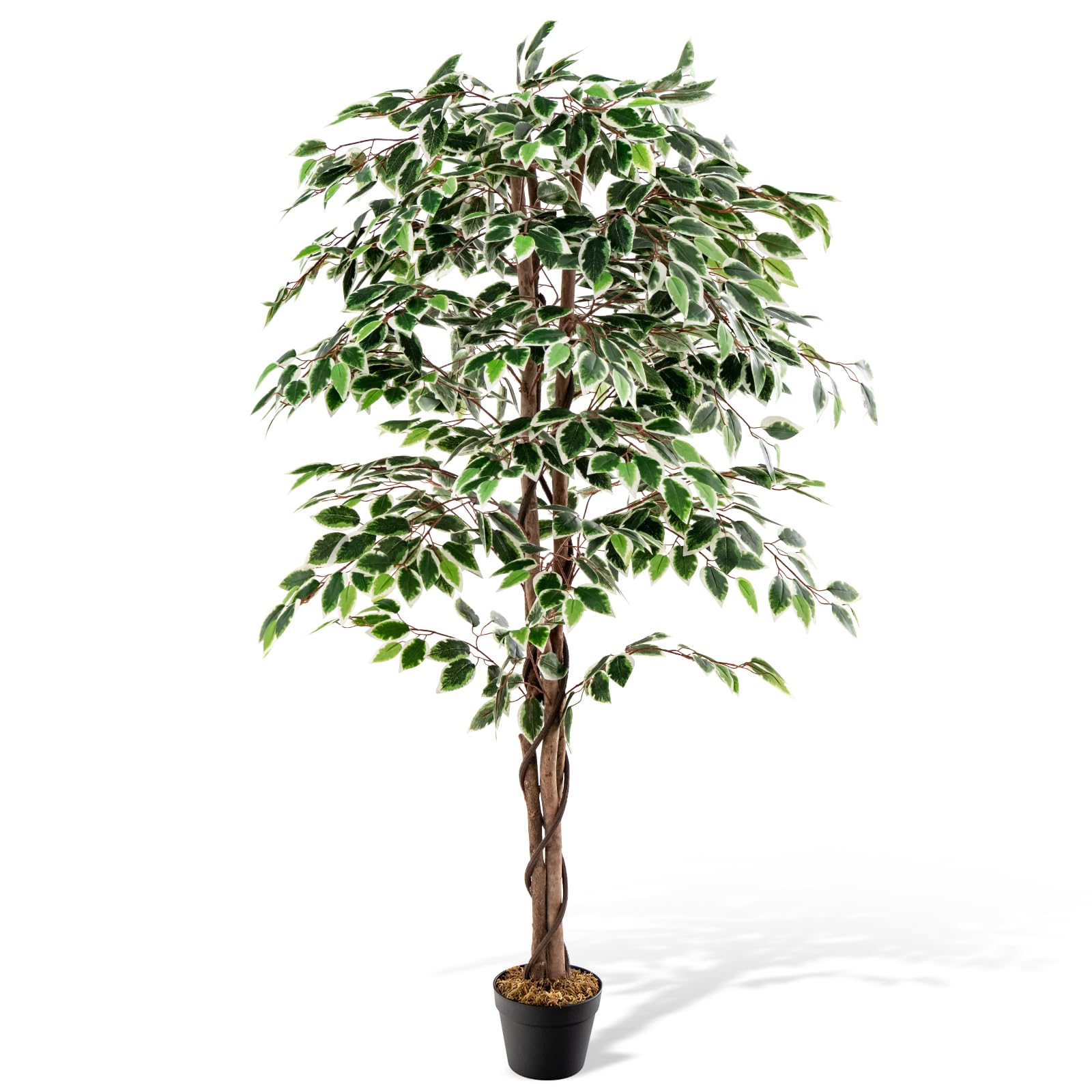 COSTWAY Albero di Fico Artificiale 160 CM, Pianta Finta da Interno con 1008 Foglie, Tronco Naturale in Legno, Vaso Robusto, Muschio Secco, Albero Finto per Casa, Ufficio, Soggiorno, Portico