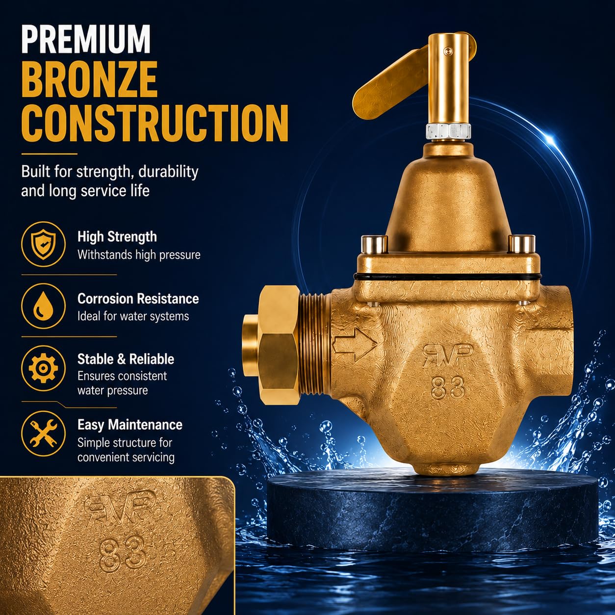 Regulador de presión de agua de alimentación de caldera de alta capacidad de bronce de 1,27 cm – Reemplazo directo para Watts 1156F, B1156F, S1156F – Ajustable 10-25 PSI – Sistemas de