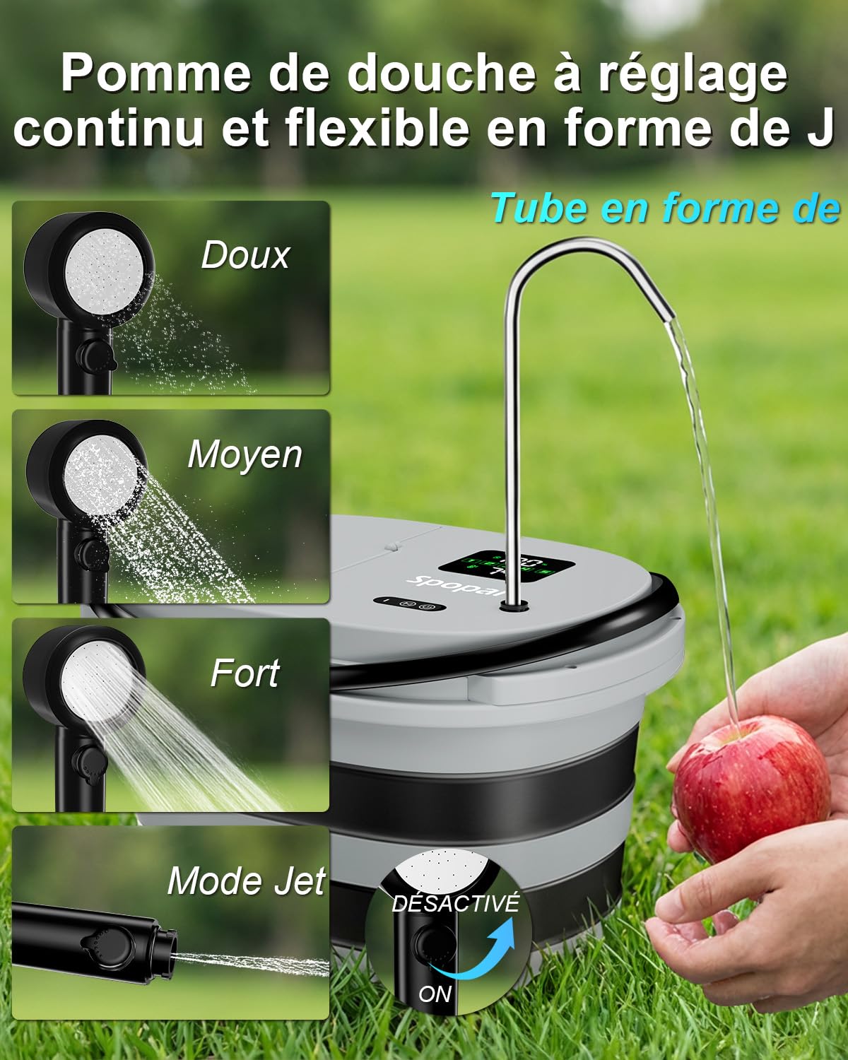 Spopal Douche Portable, [Longue Durée-Unité Intégrée de 20L] Douche Camping,IPX8, Pliable,13000mAh, écran LED,5 Vitesses Réglables, pour Fruits, Bain des Animaux Domestiques,Camping