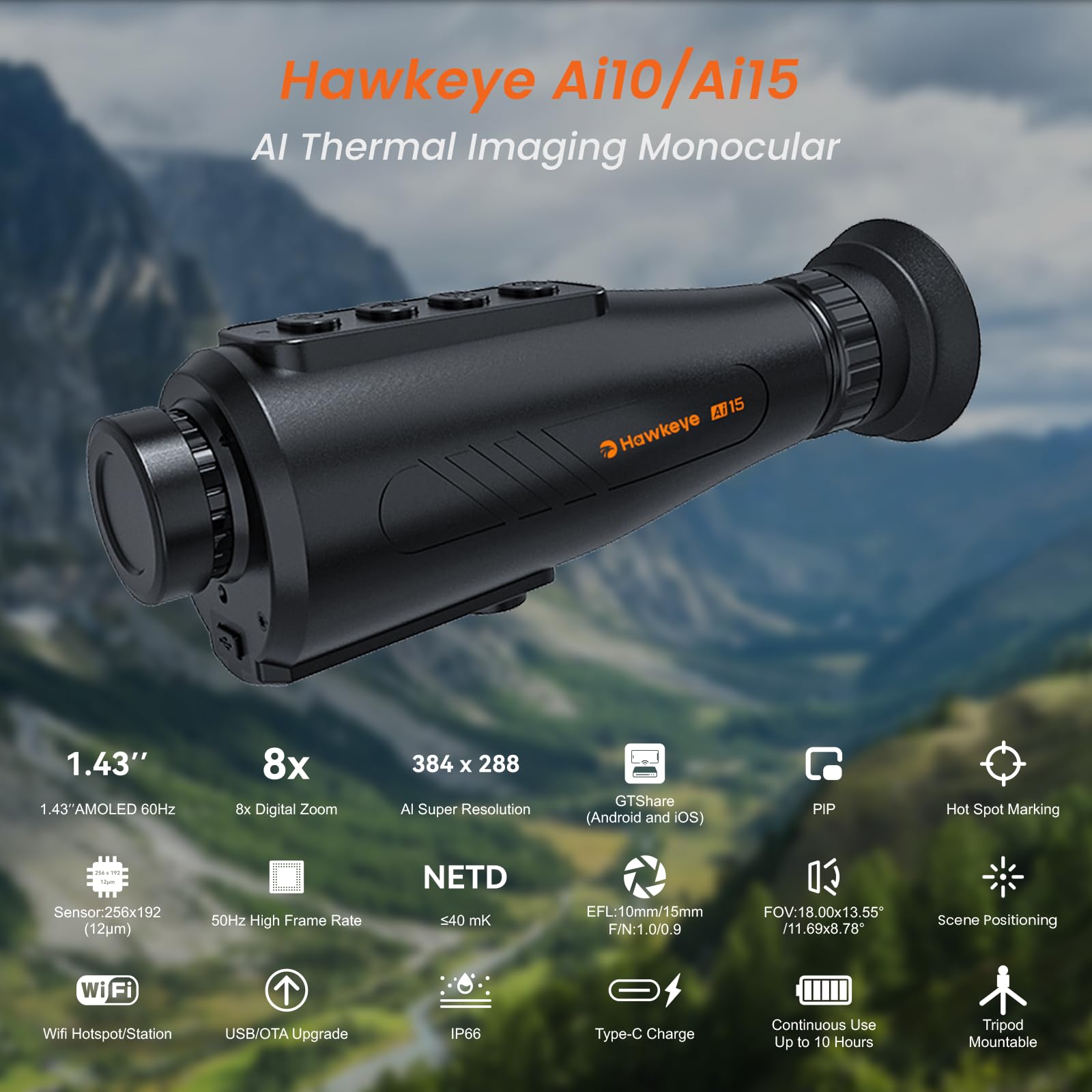 Monoculaire thermique AI15 384x288 (50 Hz) HD, vision nocturne, imagerie thermique, zoom 8x, point d'accès Wi-Fi, modes de scène pour la chasse