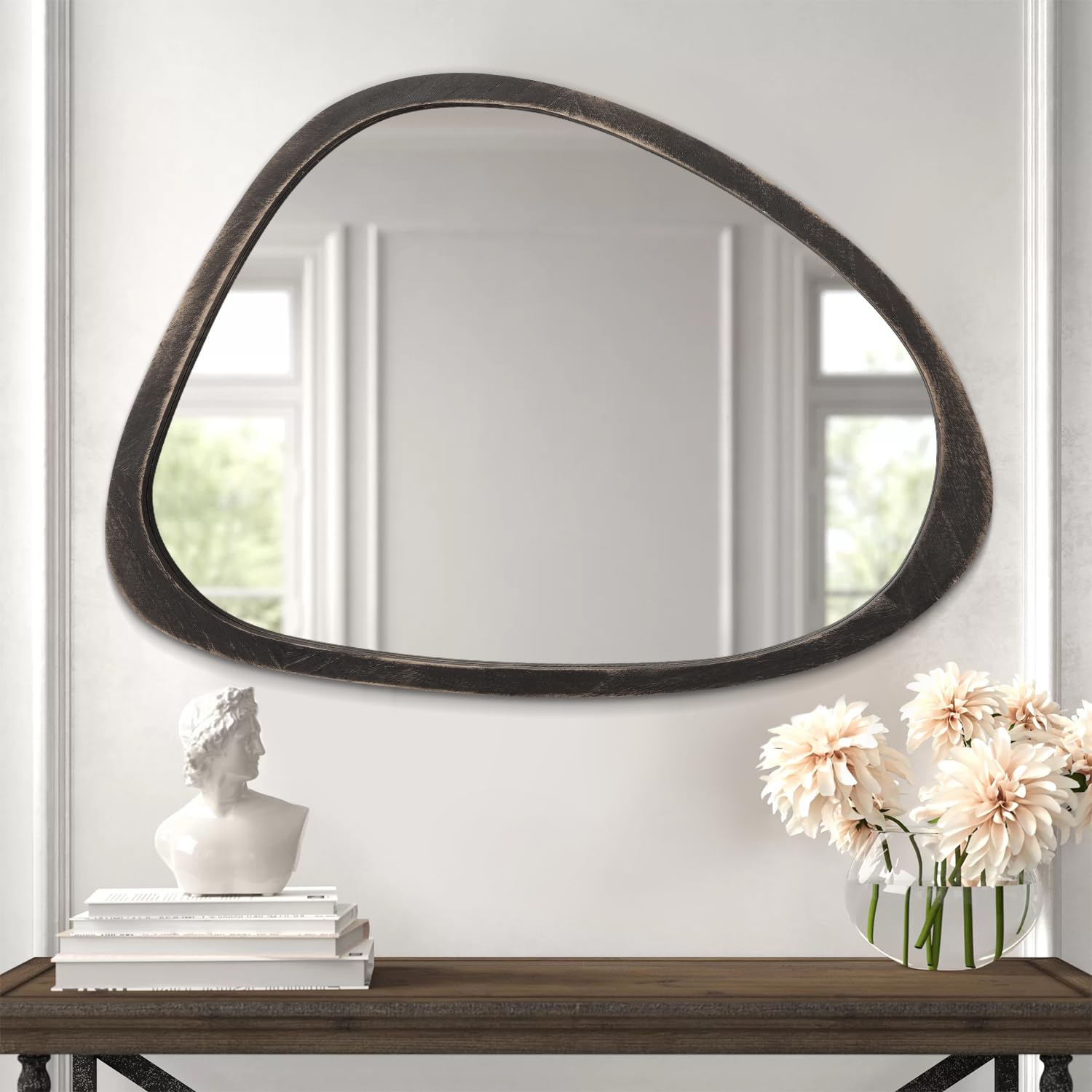 Lzuso Espejo de madera asimétrico negro espejo de pared con marco ovalado irregular decoración moderna vanidad entrada dormitorio baño salón pasillo arte único espejo pared