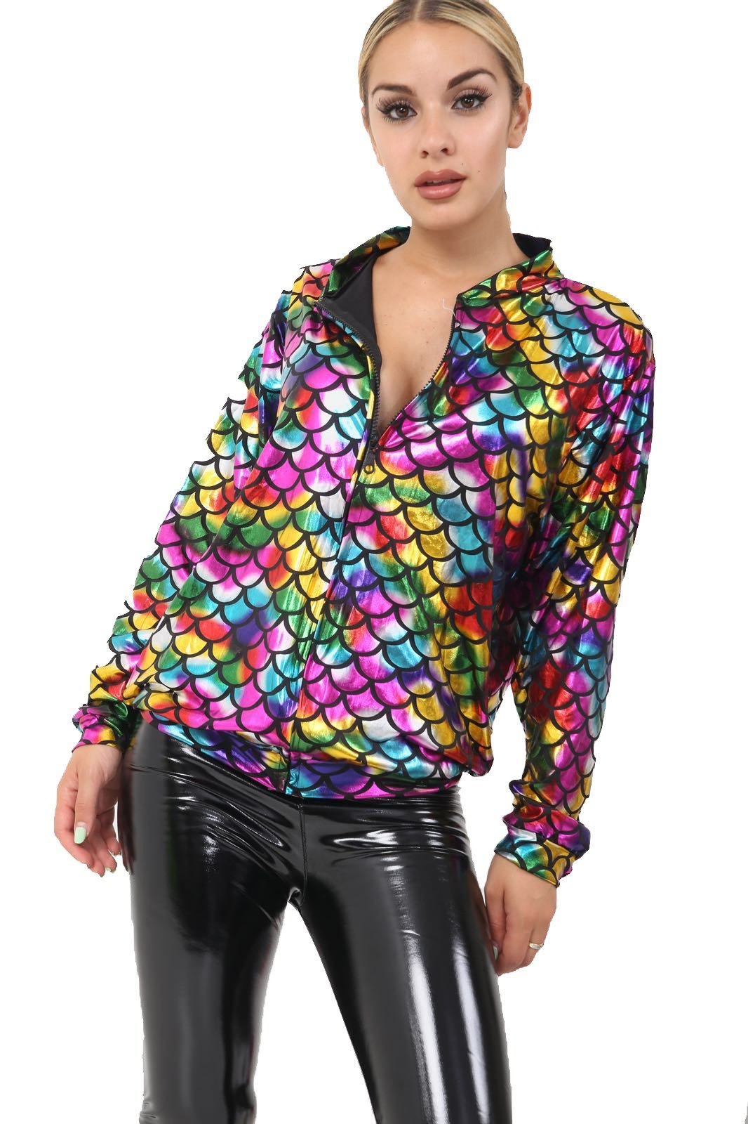 GirlzWalk ® Women’s Ladies Mermaid Rainbow Fish Scale Metallic Summer Festival Party Bomber Jacket (Rainbow, SM 8-10)
