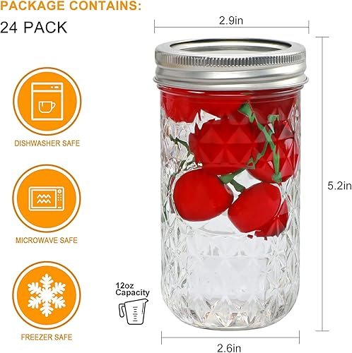 Miniatura 2 de Tarros Mason de 12 onzas, tarros de conservas con tapas, paquete de 24, tarros de mermelada de vidrio, tarros de gelatina con tapas herméticas,