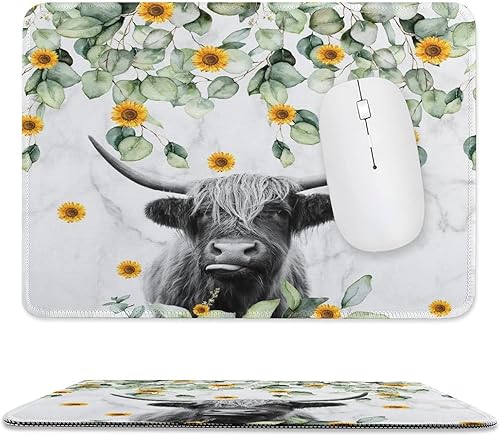 Highland Cow - Divertida alfombrilla para mouse con base de goma antideslizante, animal rústico de granja con girasol de eucalipto en mármol gris
