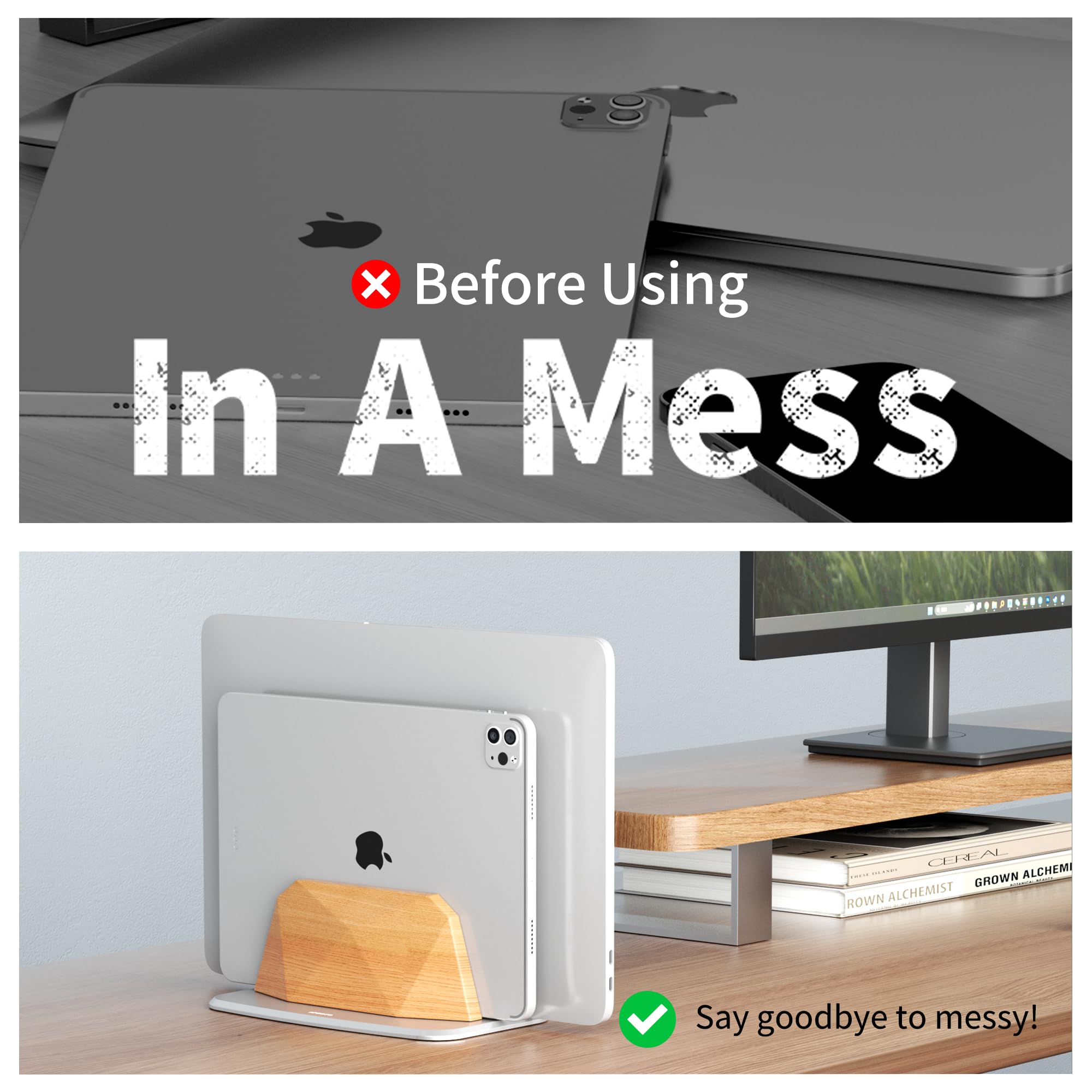 AFOOYO Soporte vertical para laptop, soporte ajustable de madera con doble ranura, base de escritorio compatible con todos los MacBook, Surface, Chromebook, Dell y más (madera de haya)