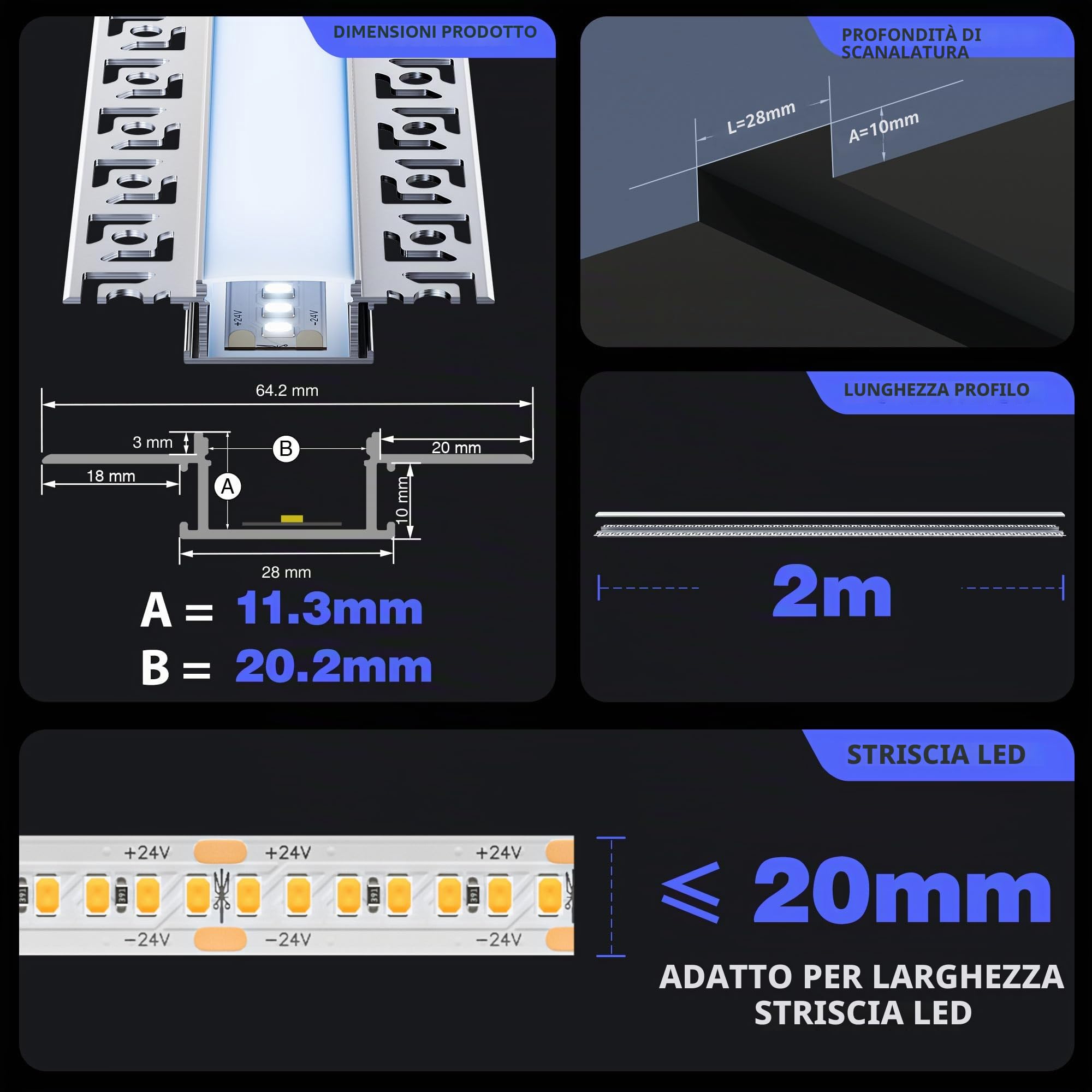 16 x LED Profilo per Cartongesso 2m - Profilo in Alluminio con Diffusore da Incasso - Canale per LED per illuminazione indiretta del soffitto, cartongesso, parete e soffitto