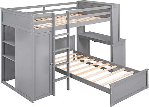 Miniatura 6 de Quarte Cama loft multifuncional de tamaño individual con una cama y escritorio independientes cama loft de madera maciza con estantes y armario para