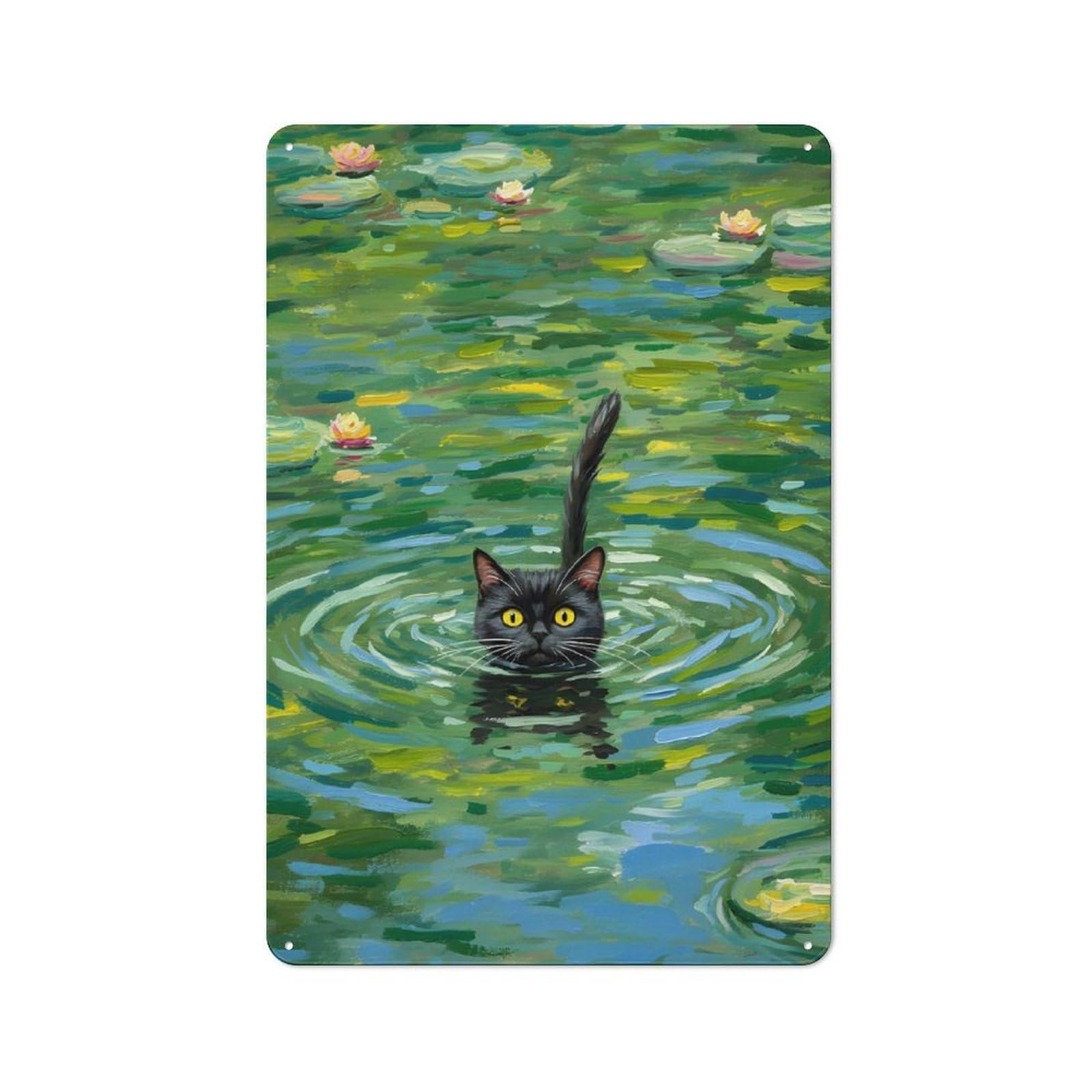 Junmoney Style-1 Black Cat Swimming In Lily Pond Retro Metal Sign 30X20cm, Distressed Look Retro Room Decor For Living Room, Hallway, Kitchen Or Cafe