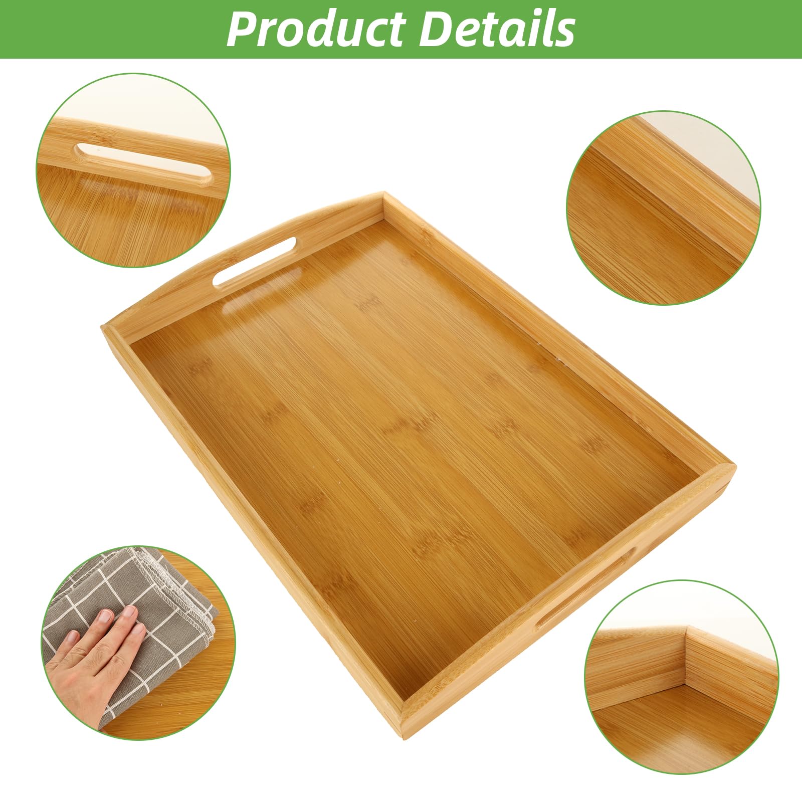 Lot de 2 plateaux de service en bambou 40 x 28 x 5 cm avec poignées pour cuisine, restaurant, hôtels