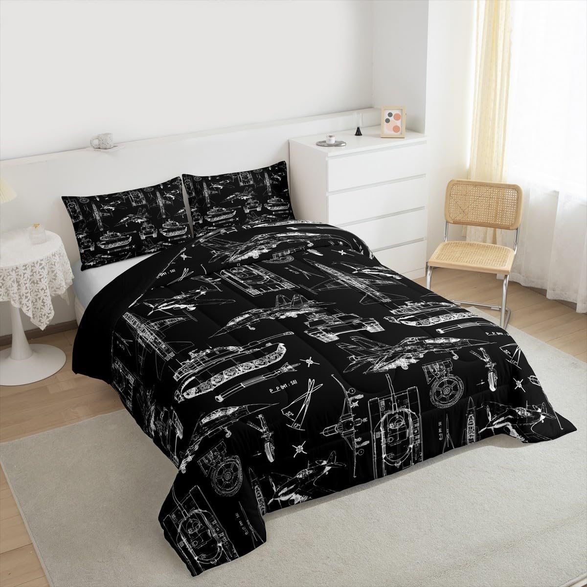 Cars Tank Comforter Set Twin Size,Military Style Aircraft Transport Vehicles Bedding Set for Kids Boys Girls Teens Room Decor,Sketch Airplane Equipment Quilted Duvet Chic Black Bedspread 2Pcs