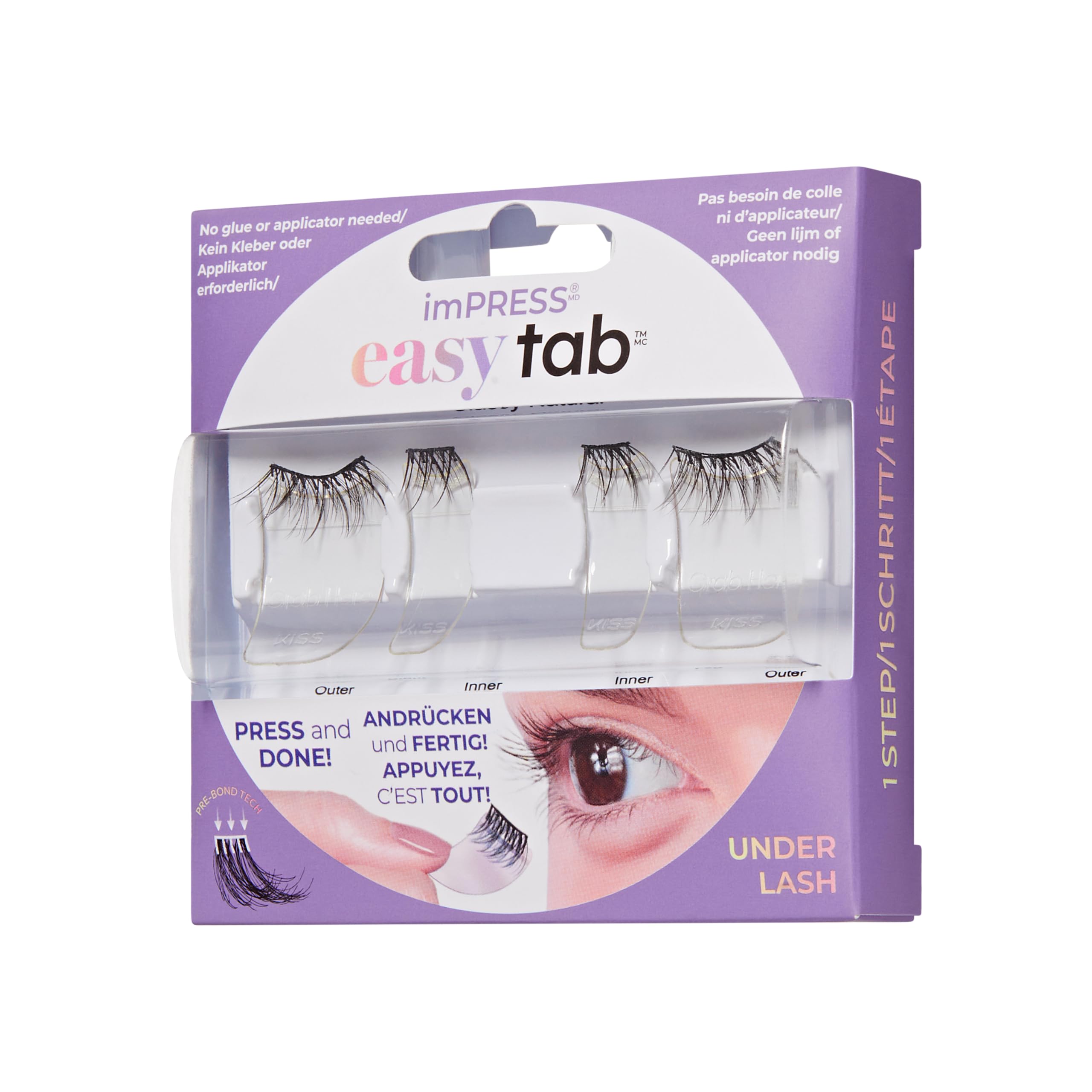KISS imPRESS Press-On Falsies EASY TAB selbstklebende Wimpern, Schwarz, 'Classy Natural', 1 Paar 6mm-7mm innere natürliche Volumen-Wimperncluster & 1 Paar 6mm-10mm äußere halbe Wimpern mit Easy Tabs