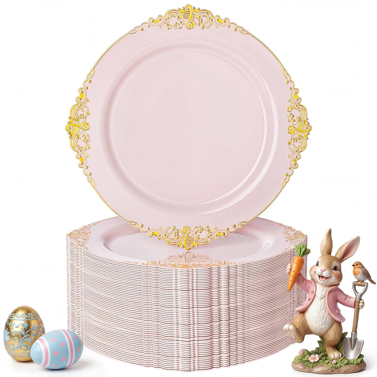 Nervure 100PCS Pink and Gold Plastic Plates - 7.5 inch Pink Plastic Plates with Gold Rim - Disposable Dessert Plate for Wedding & Party & Easter