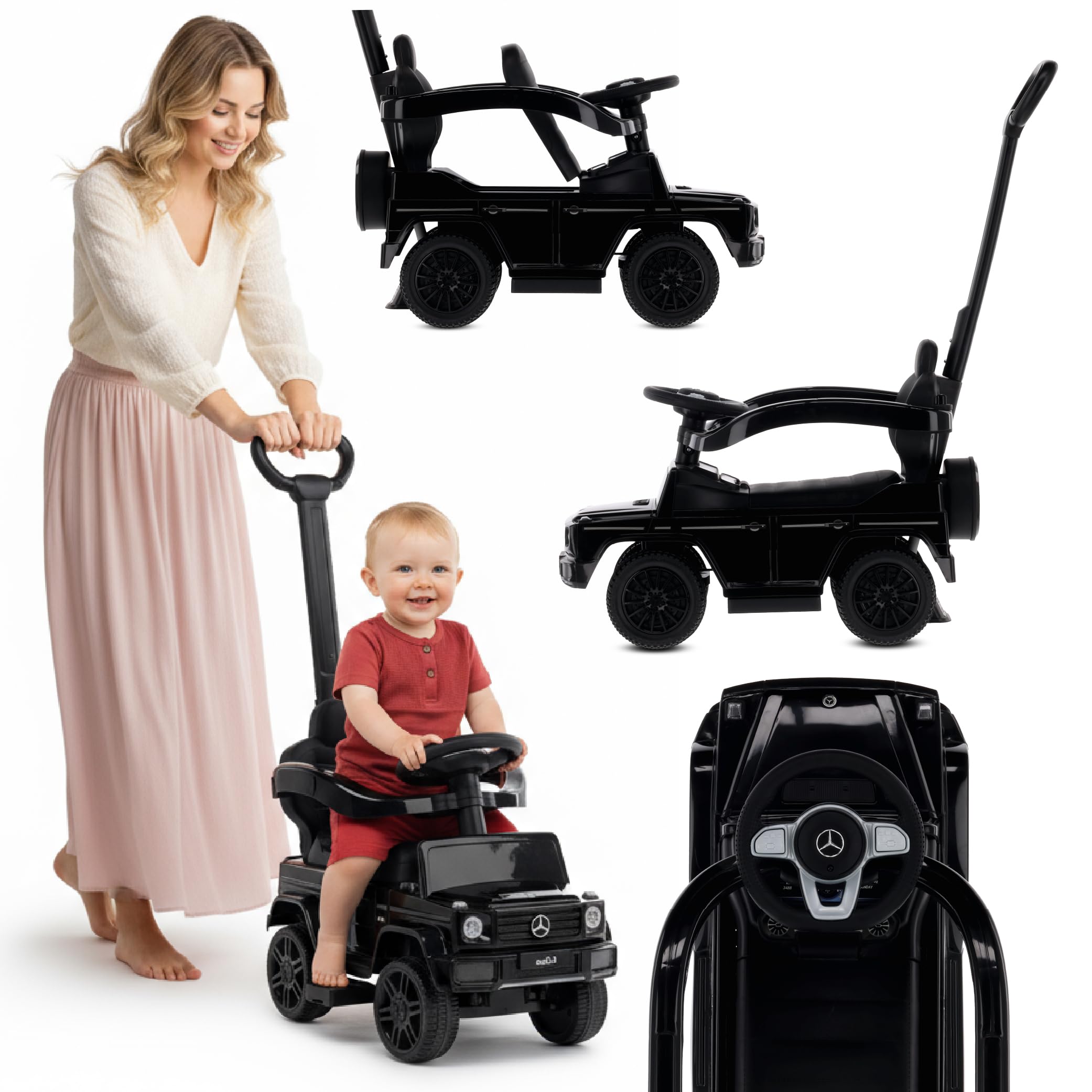 Rutschauto ab 1 Jahr mit Schubstange, Mercedes G mit Schubstange, Kinderauto, Baby Auto (Schwarz)