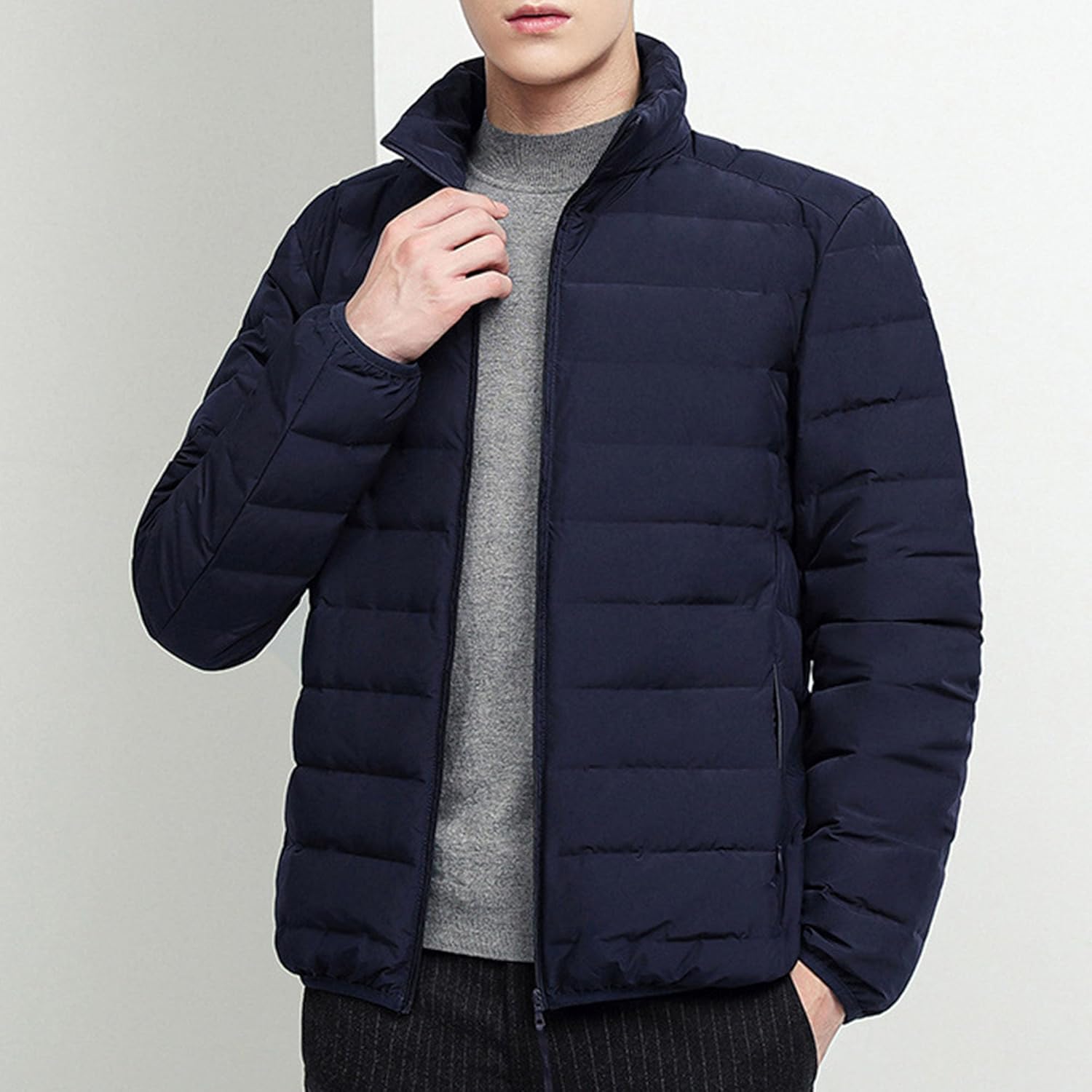 Men's Stand Collar Down Jacket Packable Puffer Lightweight Casual Coat Warm Outdoor Windproof Solid Color Outwear