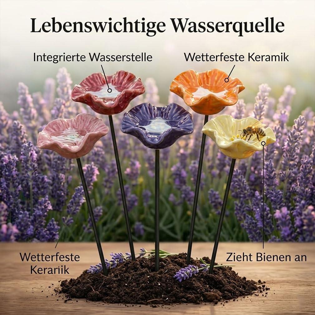 Handgemachte Bienenblüten Set – Handgemachte Insekten-Wassertränke für den Garten, Wetterfeste Keramikblüten als Dekoration und Bienenretter