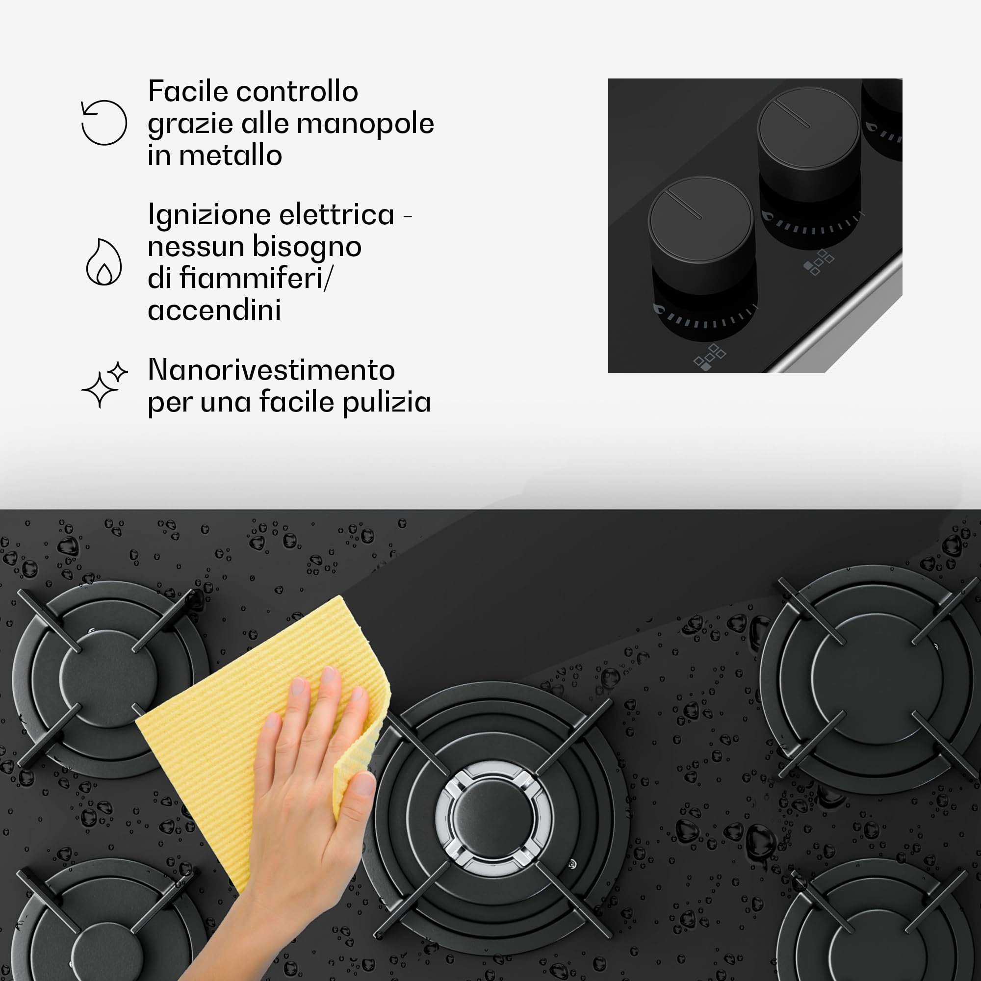 Klarstein Velaire Piano Cottura Gas 5 Fuochi - 10400W, Vetro, GPL & Gas Naturale, Accensione Elettrica, Sicurezza Spegnimento, 90cm, Kit Incluso