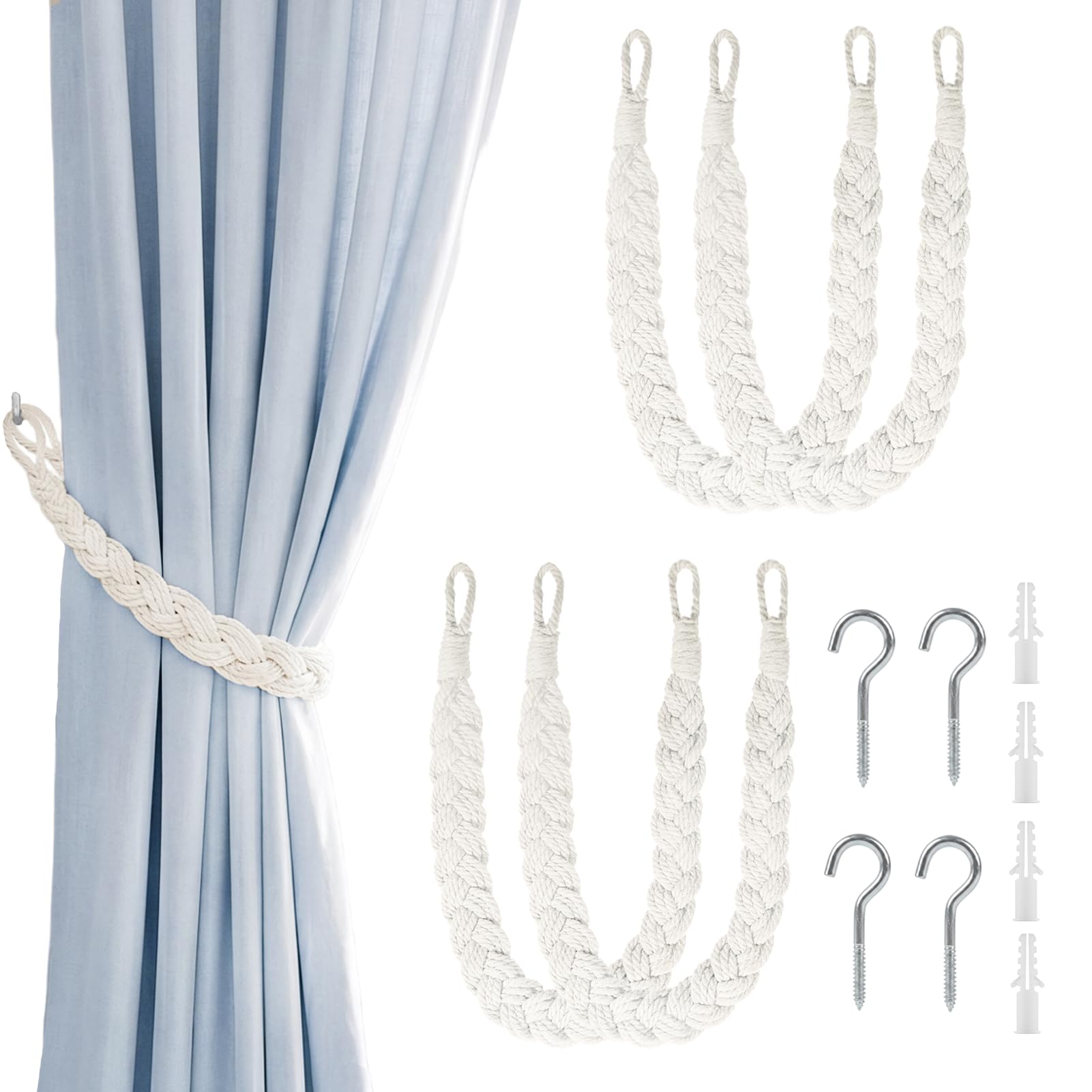 4 PCS Natural Cotton Rope Curtain Tie Backs, Rope Tie Backs for Curtains, Hand Knitting Curtain Tiebacks with Metal Hooks, Decorative Woven Curtain Tie for Living Room Bedroom Office (Beige)