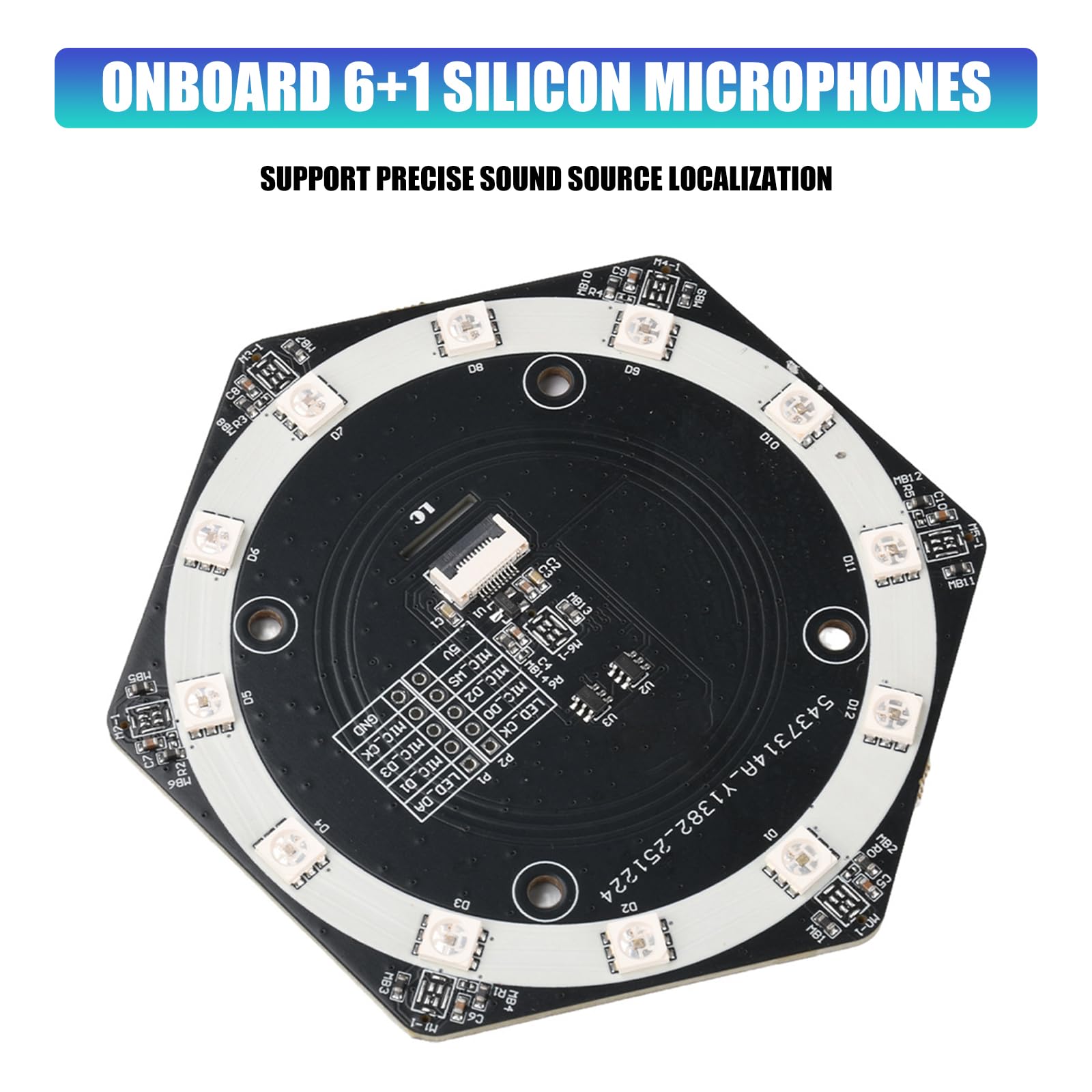 Tablica mikrofonowa 6+1 do lokalizacji źródła dźwięku z interfejsami I2S i programowalnymi diodami LED, zintegrowana struktura Pickup Array