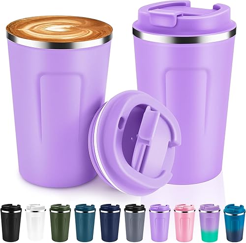 Miniatura 9 de Volhoply Taza de café de viaje con aislamiento al vacío de 12 oz de doble pared con tapa abatible, taza de café reutilizable de acero inoxidable a