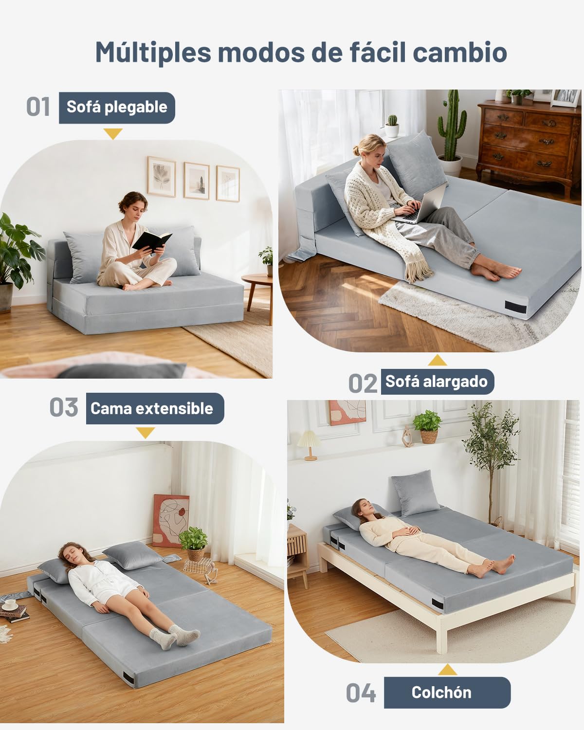 HAUSPROFI Sofá Cama 2 Plazas, 140x200 cm Cama Plegable con Funda Terciopelo Y 2 Cojines, Funda Extraíble Lavable, Colchón Plegable Espuma Poliuretano Alta Elasticidad (Gris)