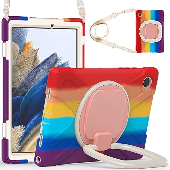 Case for Galaxy Tab A8 10.5" 2022 SM-X200/ X205/ X207, Heavy Duty Protective Case with 360 Degree Swivel Stand&Hand Strap&Shoulder Strap Colourful Red