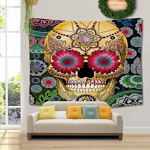 Miniatura 4 de UHOMETAP Tapiz de calavera de azúcar, tema del Día de los Muertos, arte de pared bohemio con flores, decoración del hogar, tapices para dormitorio,