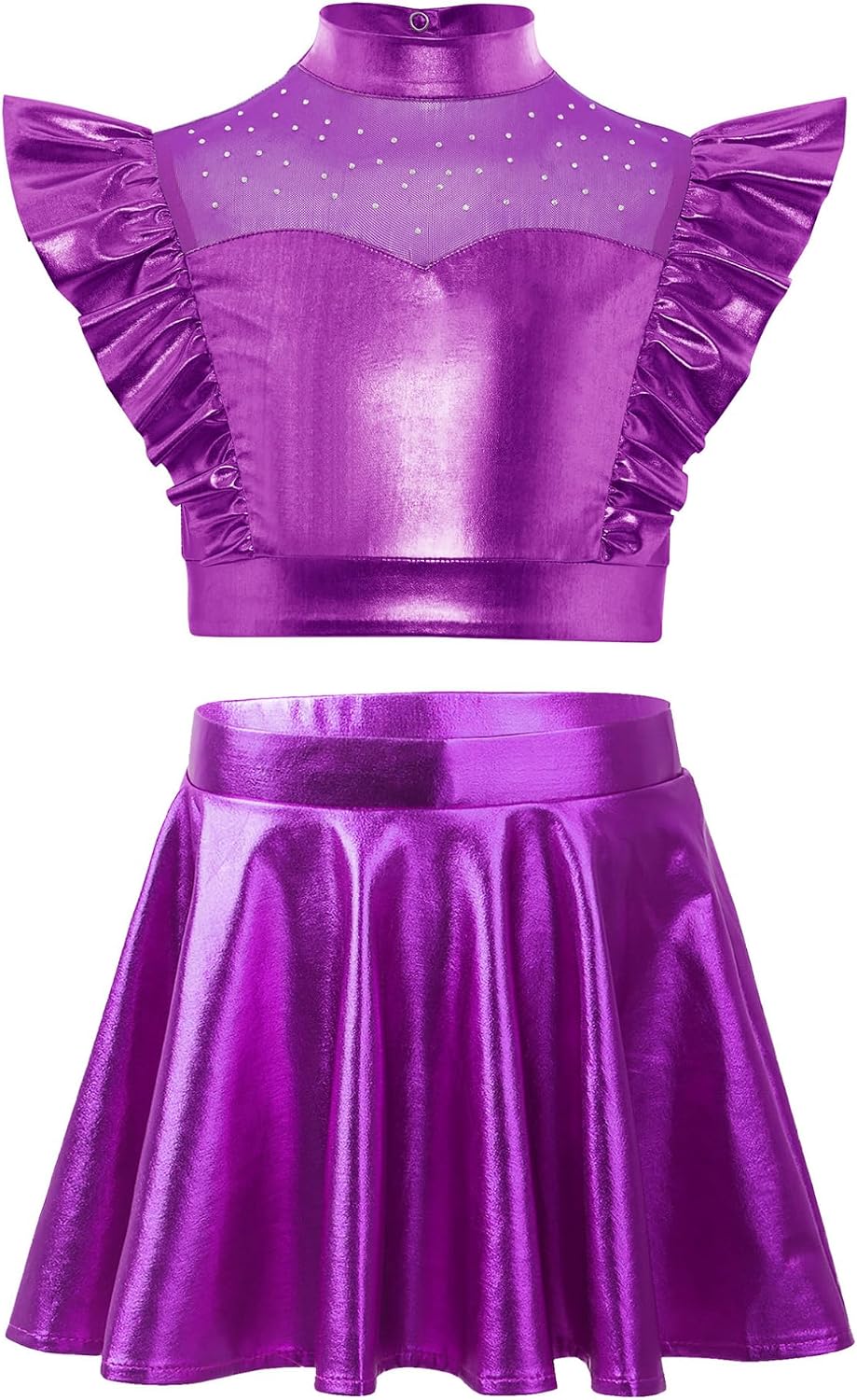 2-piece Girls Jazz Dance Outfit Sets Ruffle Sleeve Mock Neck Crop Top With Flared Skirt Purple 16 Years