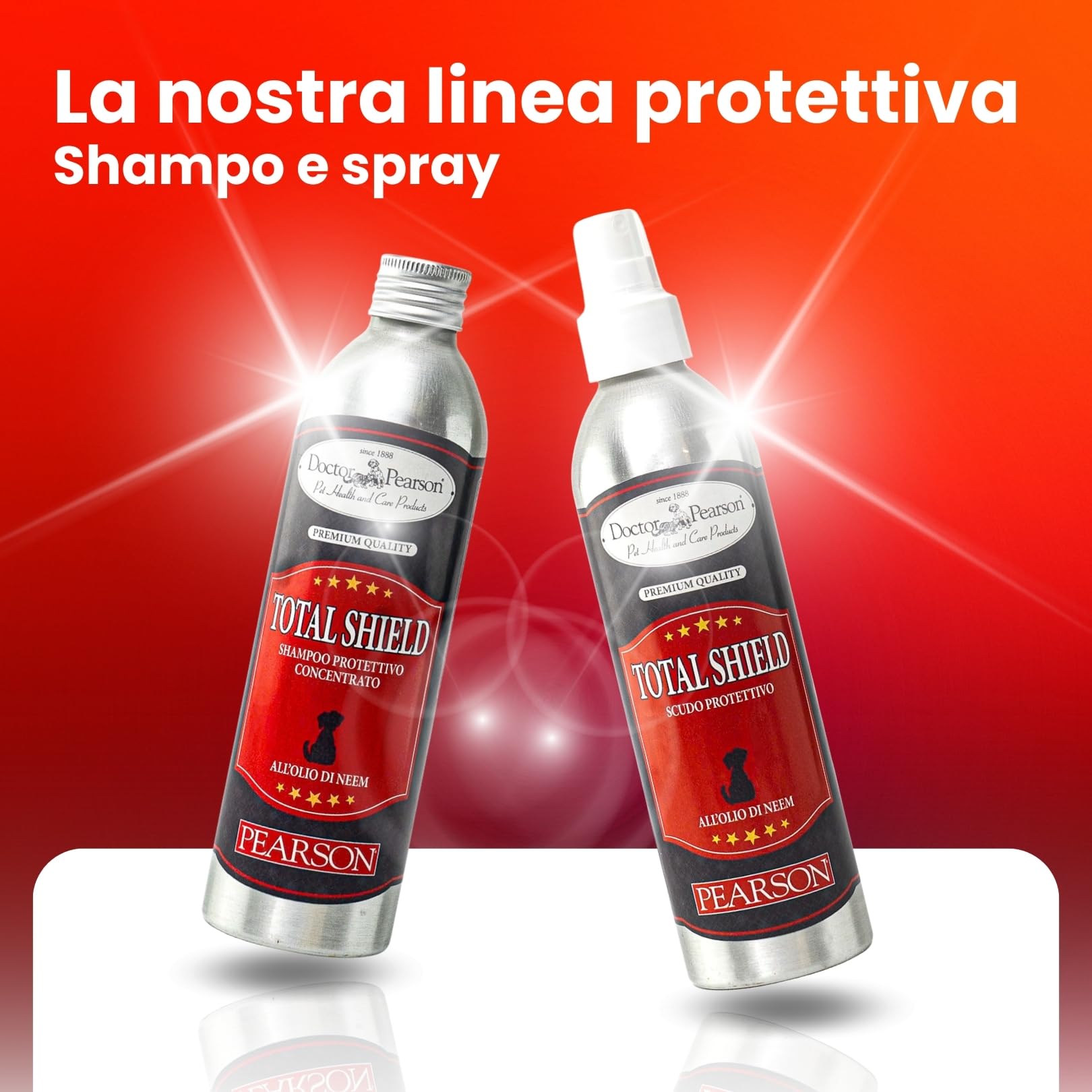 Pearson Total Shild Spray Huile de Neem pour chiens, Bouclier protecteur naturel à l'huile de Neem pour chats et chiens, flacon pulvérisateur écologique 250 ml, fabriqué en Italie.