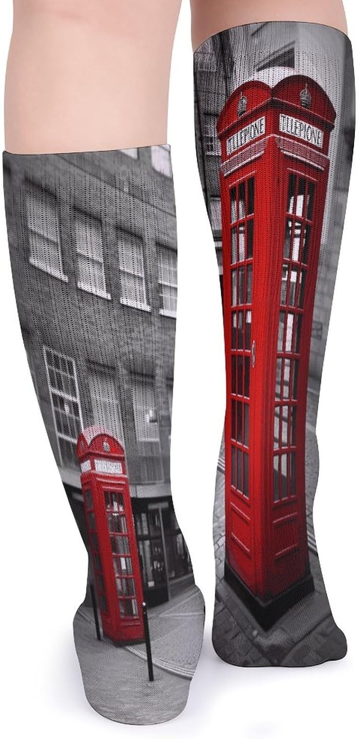 London Red Telephone Booth Crew Socks High Stocking Thermal Socks | Tube Socks-Breathable-Moisture-Soft-wicking for Hospital Pilates Yoga for women men Grippy for office and daily walking