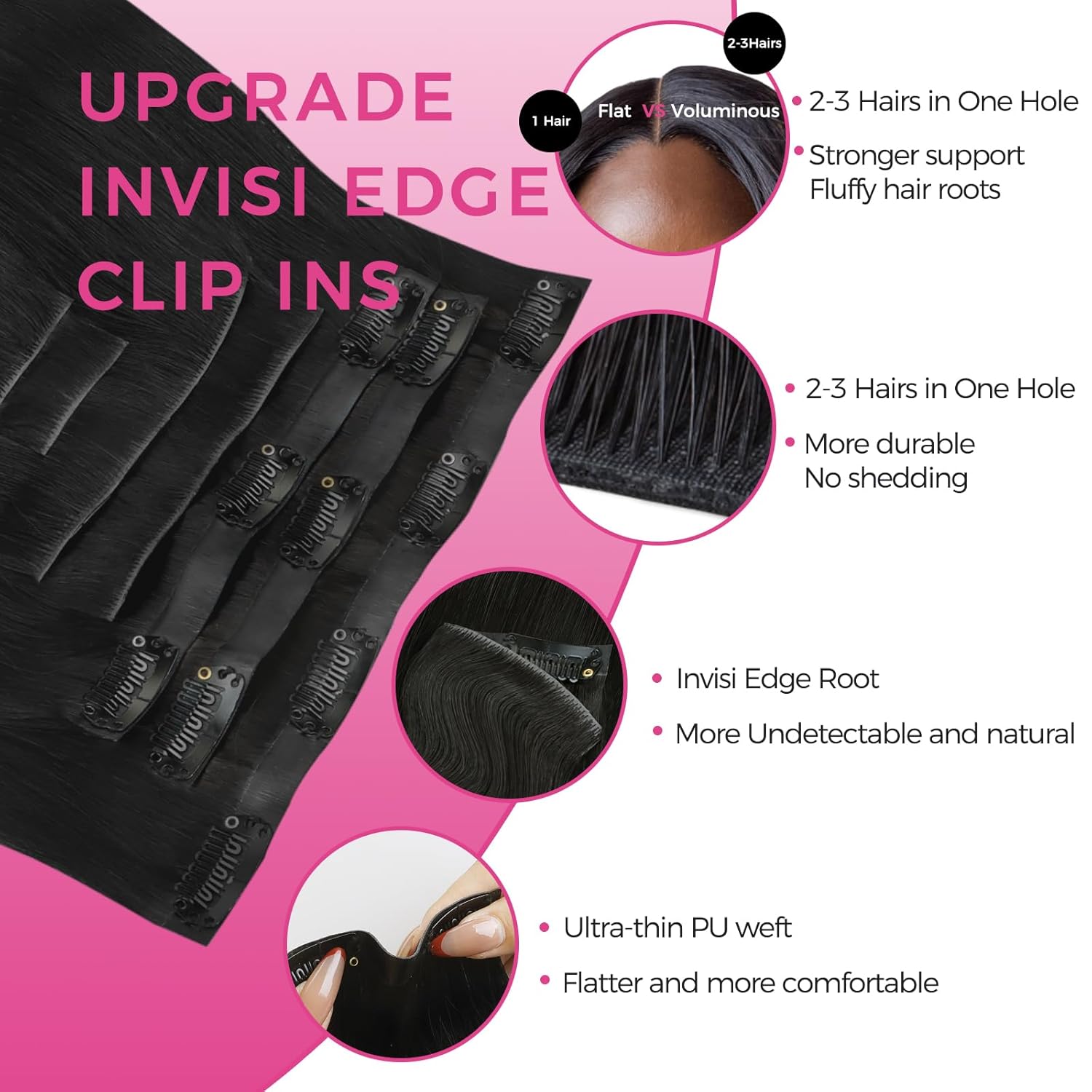 Lashey Invisi Edge & Seamless Clip in Hair Extensions Human Hair, 16 Inch 130g 9pcs(5pcs Invisi Edge& 4pcs Seamless) Real Virgin Human Hair Extensions, Natural Black Body Wave Hair