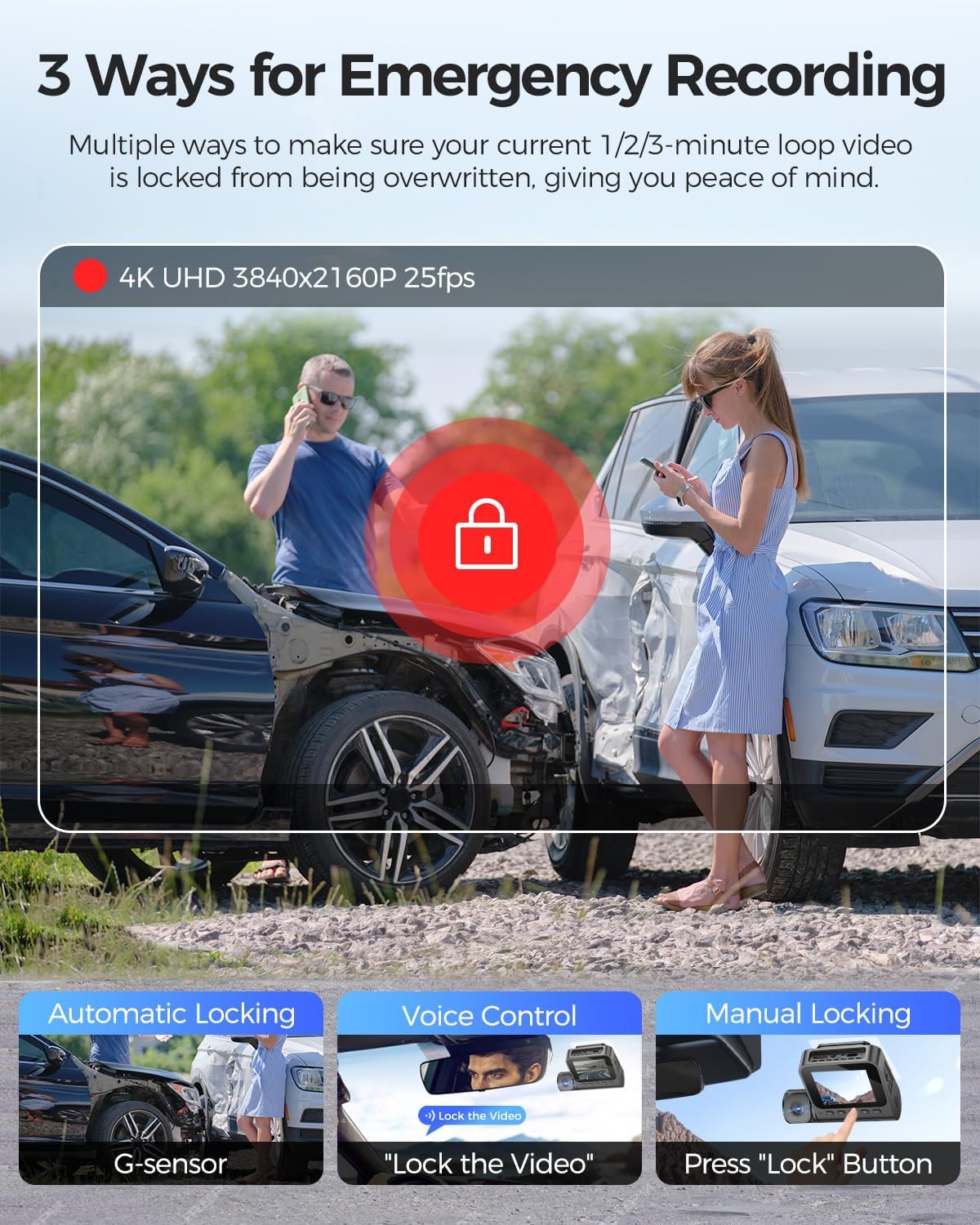 Cámara de Coche WiFi GPS 4K de 3 Canales, 4K+1080P+1080P Dashcam Camara Coche con Visión Nocturna IR, Control de Voz, Tarjeta SD de 64GB, Pantalla IPS de 2.4", Monitor de Aparcamiento 24H V630