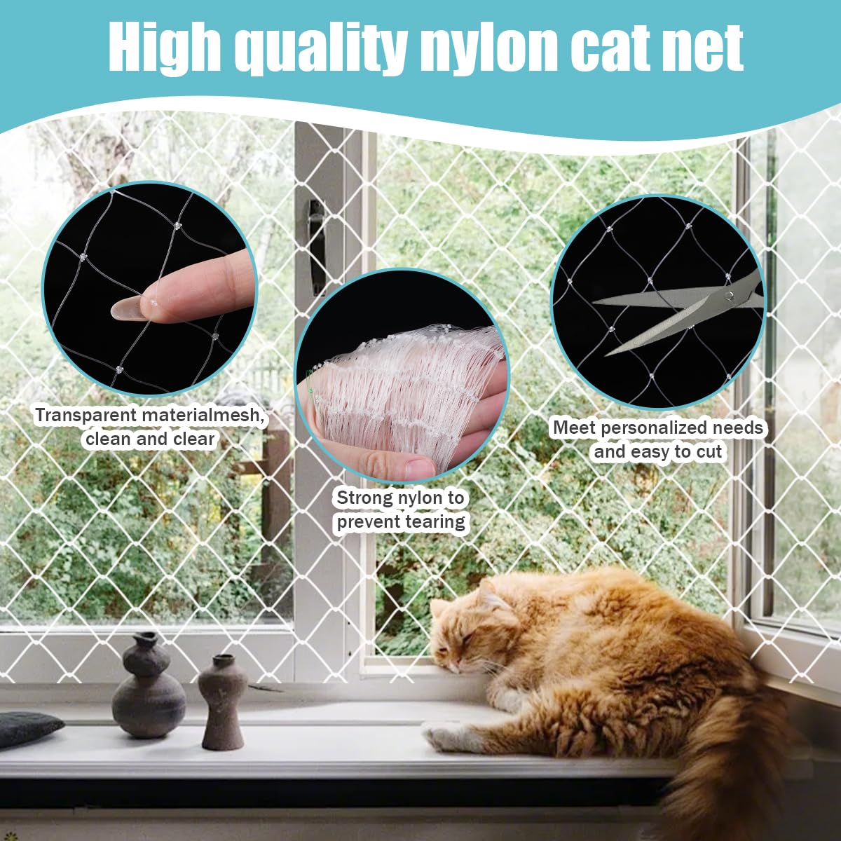 Red para Gatos Terraza, 5 x 5m Red Gatos Nylon, Red Gatos Ventanas Seguridad Transparente, Resistentes a La Rotura y Sin Taladros Red Gatos para Balcones, Puertas, Ventanas, Escaleras (5*5) - 4