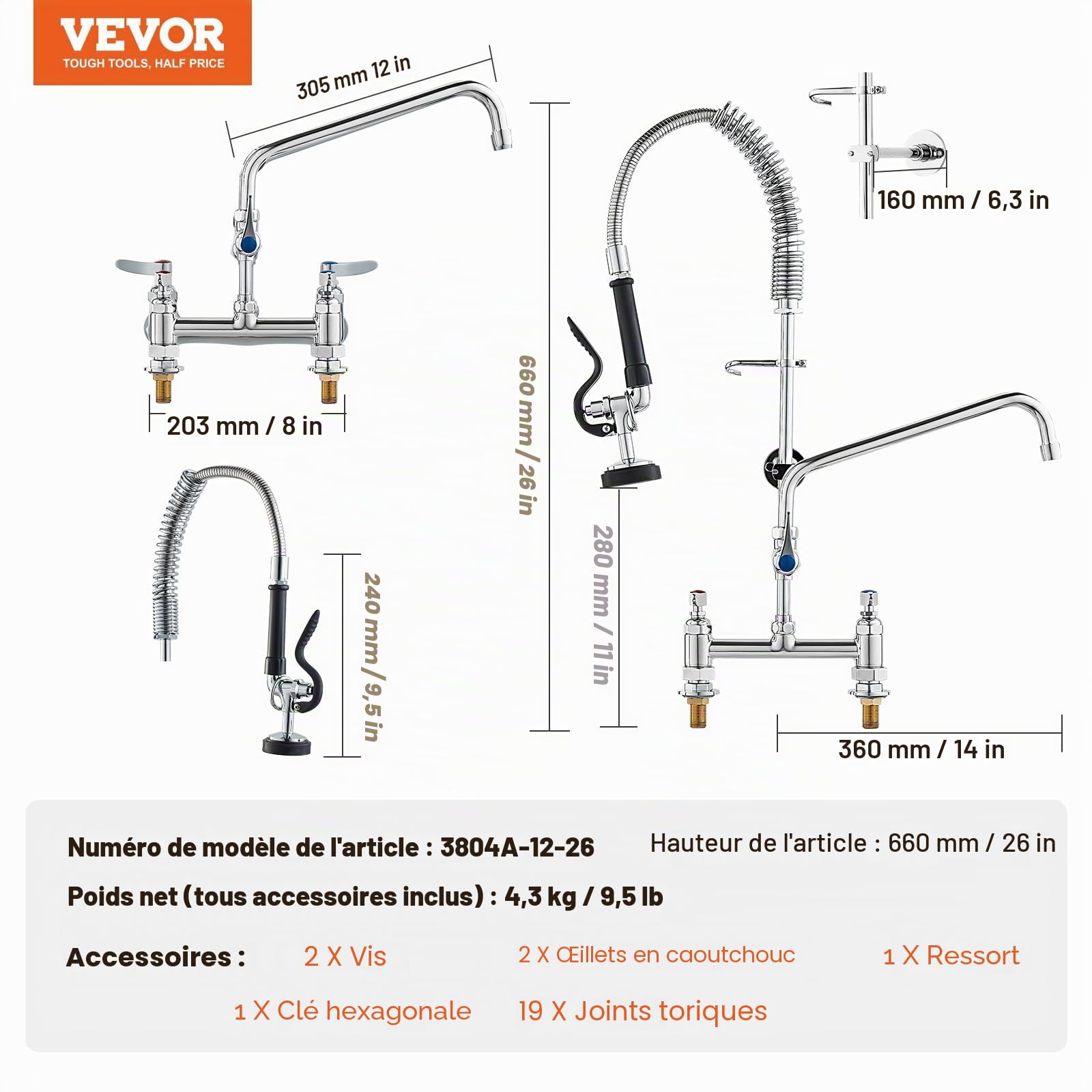 VEVOR Robinet de Cuisine Commercial avec Pulvérisateur de Pré-rinçage, Mitigeur avec Douchette Extractible, 660 mm de Haut, Entraxe 203 mm, Bec Pivotant 305 mm, Montage sur Pont, pour Évier Rstaurant