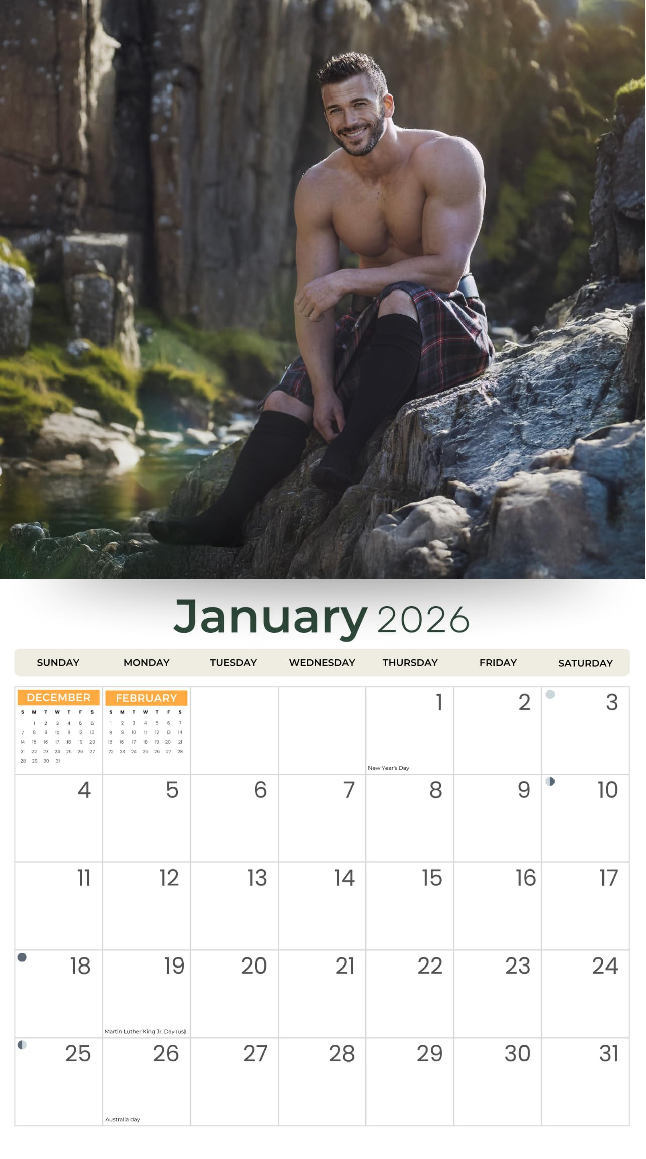 2026 Men in Kilts Deluxe Wandkalender | Kilted Guys | Hot Scottish Boys | 30,5 x 33,8 cm | plastikfrei | 16 Monate | plastikfrei | Organizer für Zuhause und Büro | Monatsansicht, wichtige Feiertage