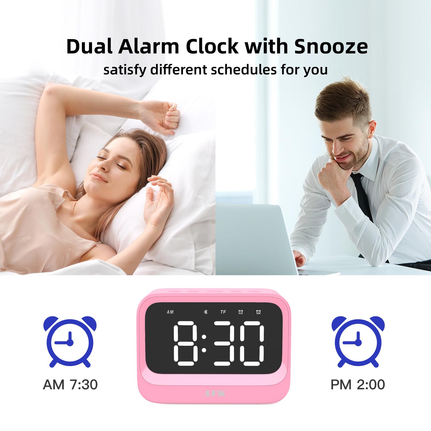 AFK Alarm Clock with Bluetooth Speaker for Bedroom,Loud Digital Clock for Heavy Sleepers Adults, Desk Clocks with Dual Alarms,Large Number,Dimmable,Snooze for Teens Boys Girls,Pink