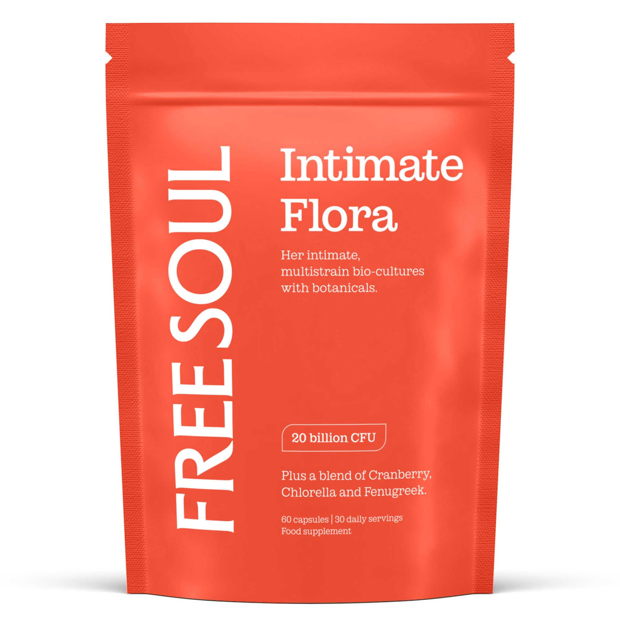 Intimate Flora for Women | 20 Billion CFU Fortified with 15,000mg Cranberry, Fenugreek & Chlorella | Bio Cultures for Women's Intimate Flora | 60 Capsules | Free Soul