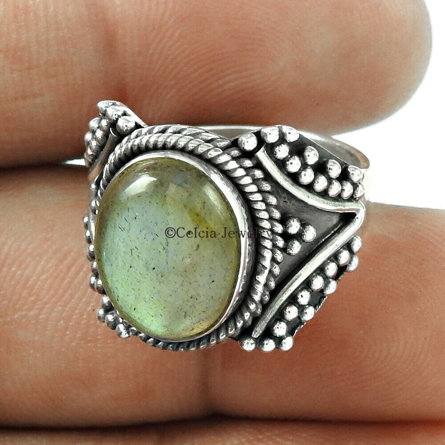 Labradorita natural Joyería hecha a mano unisex, anillo de declaración de plata de ley 925 sólida, anillo de promesa, anillo de boda para mujer, regalos del día de la madre, piedra natal de junio
