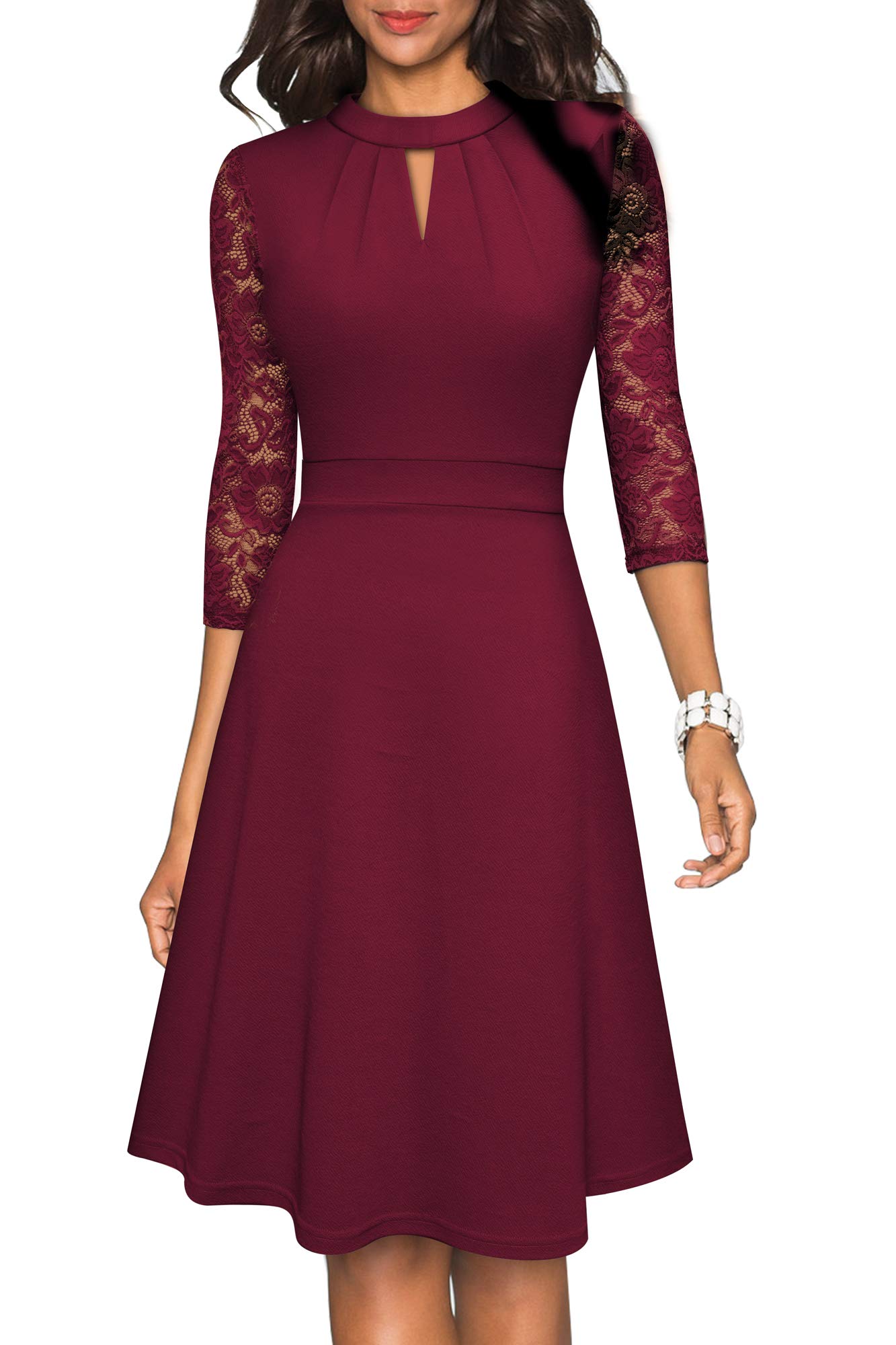 HOMEYEE Vestido de cóctel Plisado con Manga de Encaje Ahuecado para Mujer A234