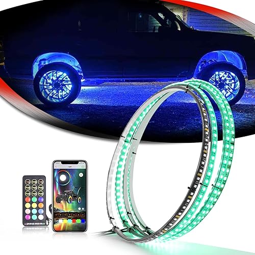 Uemicip Anillo de rueda LED RGB de una sola fila, señal de giro y función de frenado, luz de llanta más brillante, control remoto y aplicación
