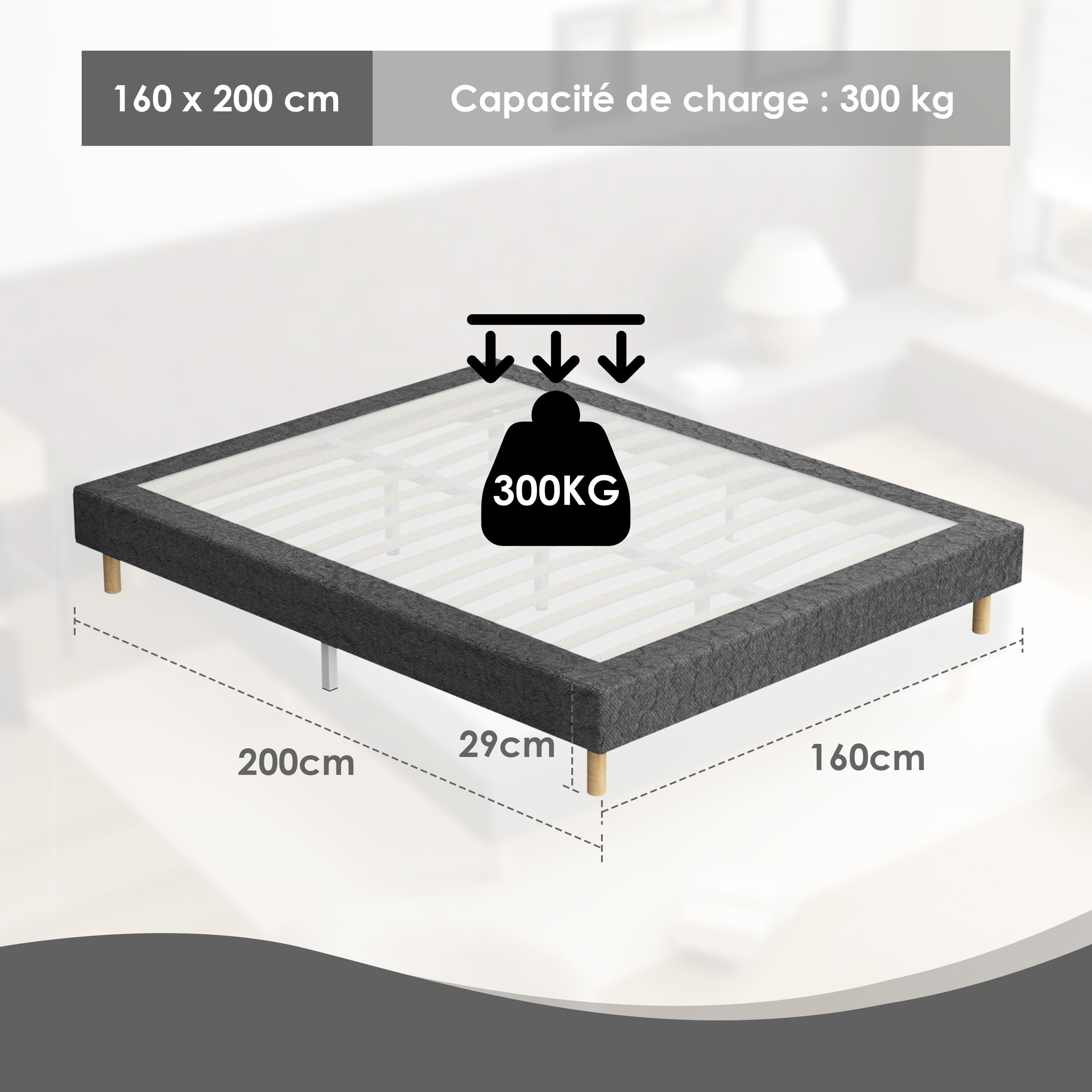 TEENO Sommier 160x200 | Lit 160 x 200 avec Sommier | Sommier Tapissier | 2x14 Lattes avec 9 Pieds | Hauteur du Cadre de Lit 29 cm | Espace de Couchage Spacieux et Confortable pour Toute la Famille