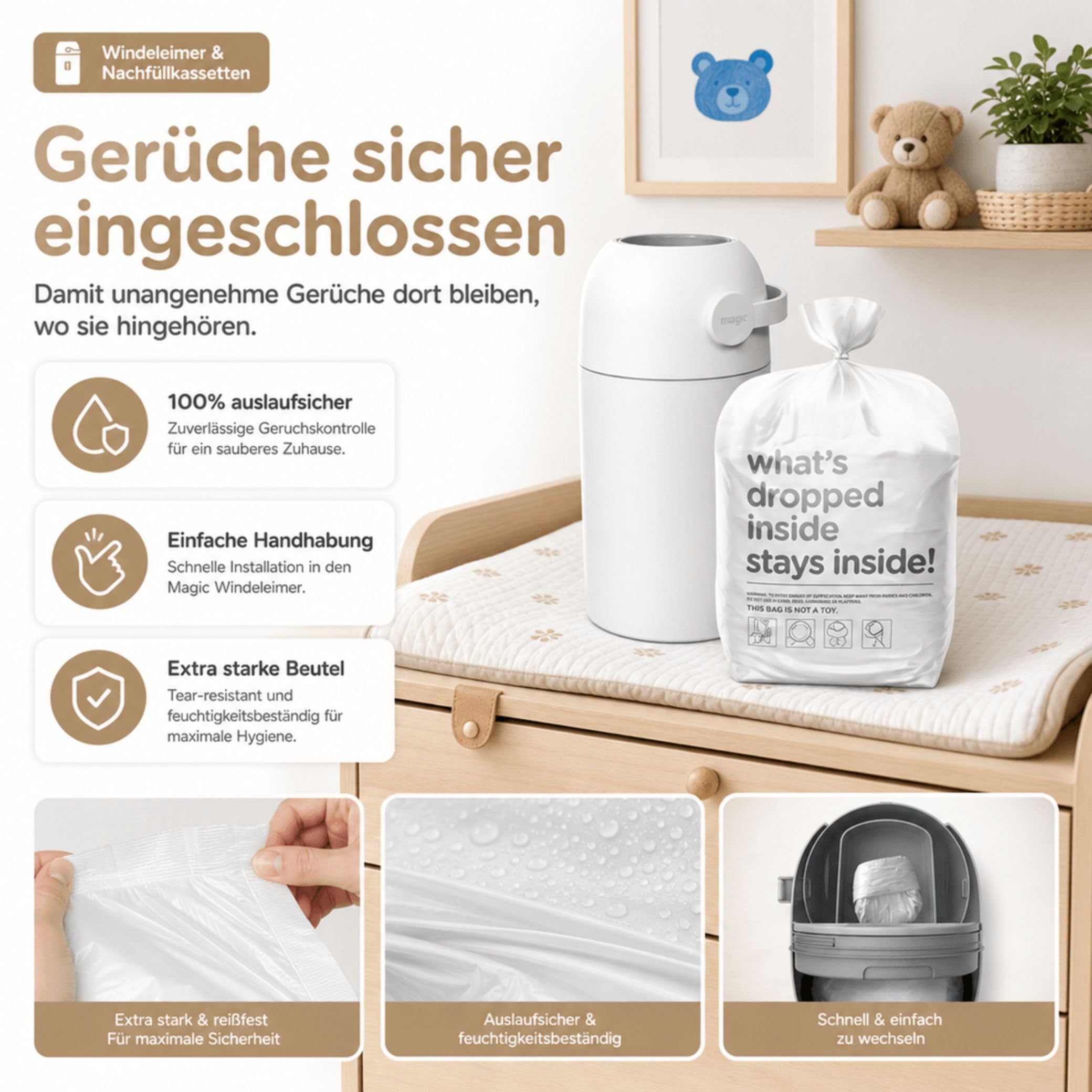 Magic Windeleimer Windeltüten Nachfüllpack - 15 extra starke, mehrlagig, geruchsdicht & 100% auslaufsicher - kompatibel mit vielen Windeleimern - inkl. Baumwoll-Windel
