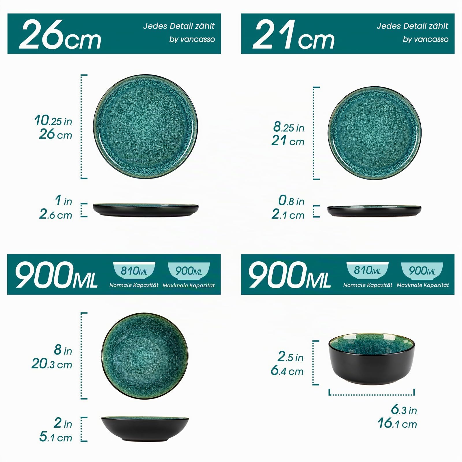 Geschirrset 6 Personen, vancasso PLAYA Steingut Geschirr set 24tlg für 6 Personen, Grün Tafelservice mit Kaffeetassen set 6er