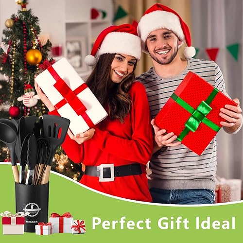 Miniatura 8 de Juego de utensilios de cocina de silicona con soporte, juego de 12 utensilios de cocina resistentes al calor con mango de madera, espátula sin BPA,