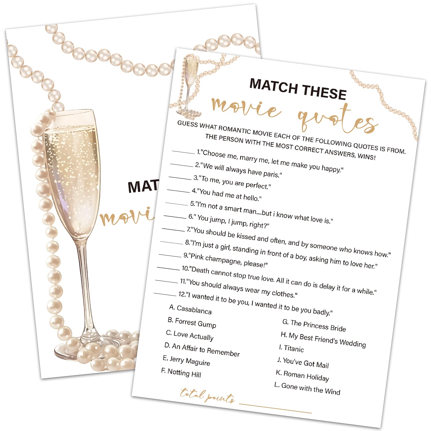 HQLOW Bridal Shower Games 30 Guests - Match These Movie Quotes Game for Wedding Party Engagement, Wedding Shower Games (Gold Champagne) -003