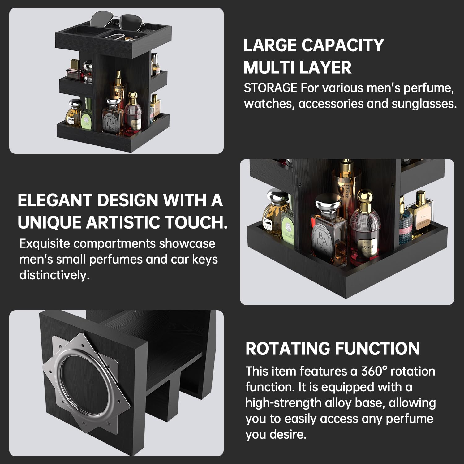 Rotating 3-Tier Solid Wood Cologne Organizer