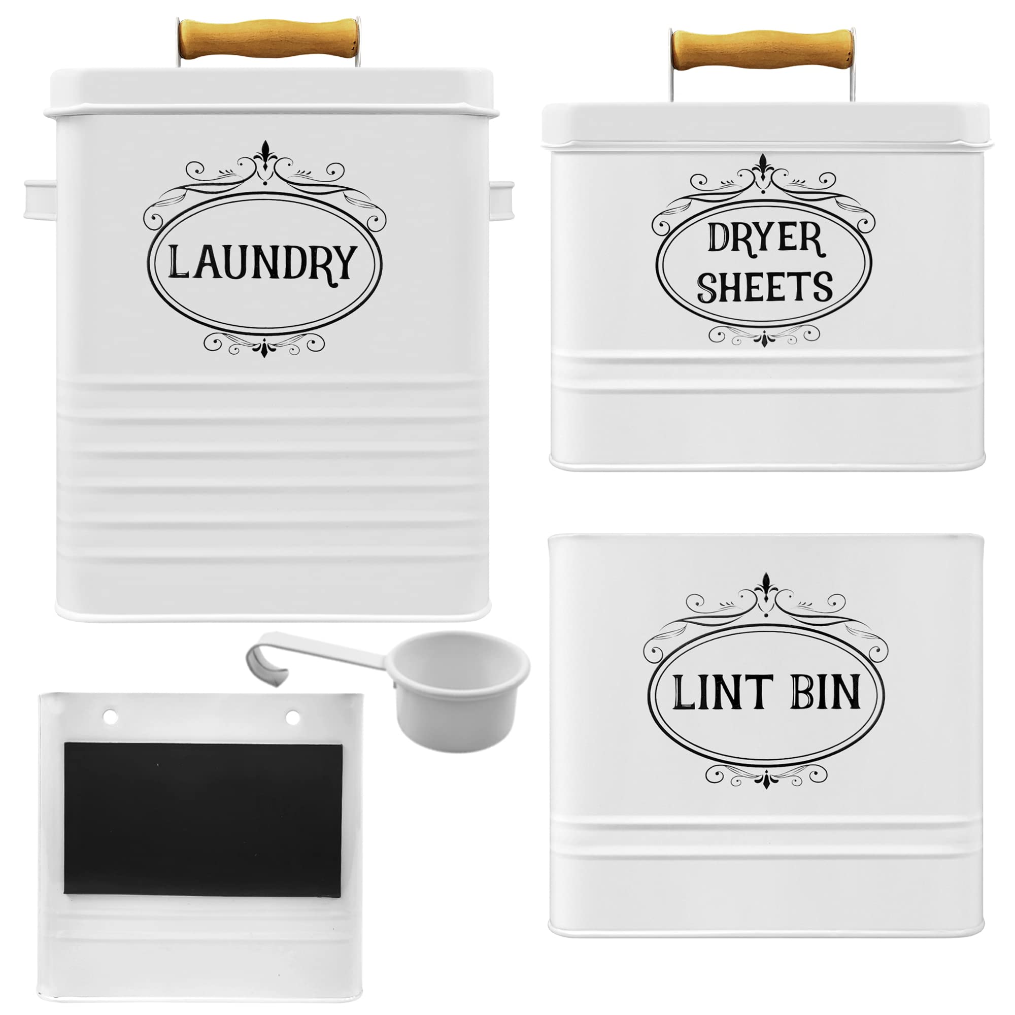 L.J. Manor Magnetic Lint Bin for Laundry Room - Dryer Sheet Holder and Laundry Detergent Holder with Lids & Scoop - Elevate Your Laundry Room with 3 Piece Set Laundry Containers for Organizing. White