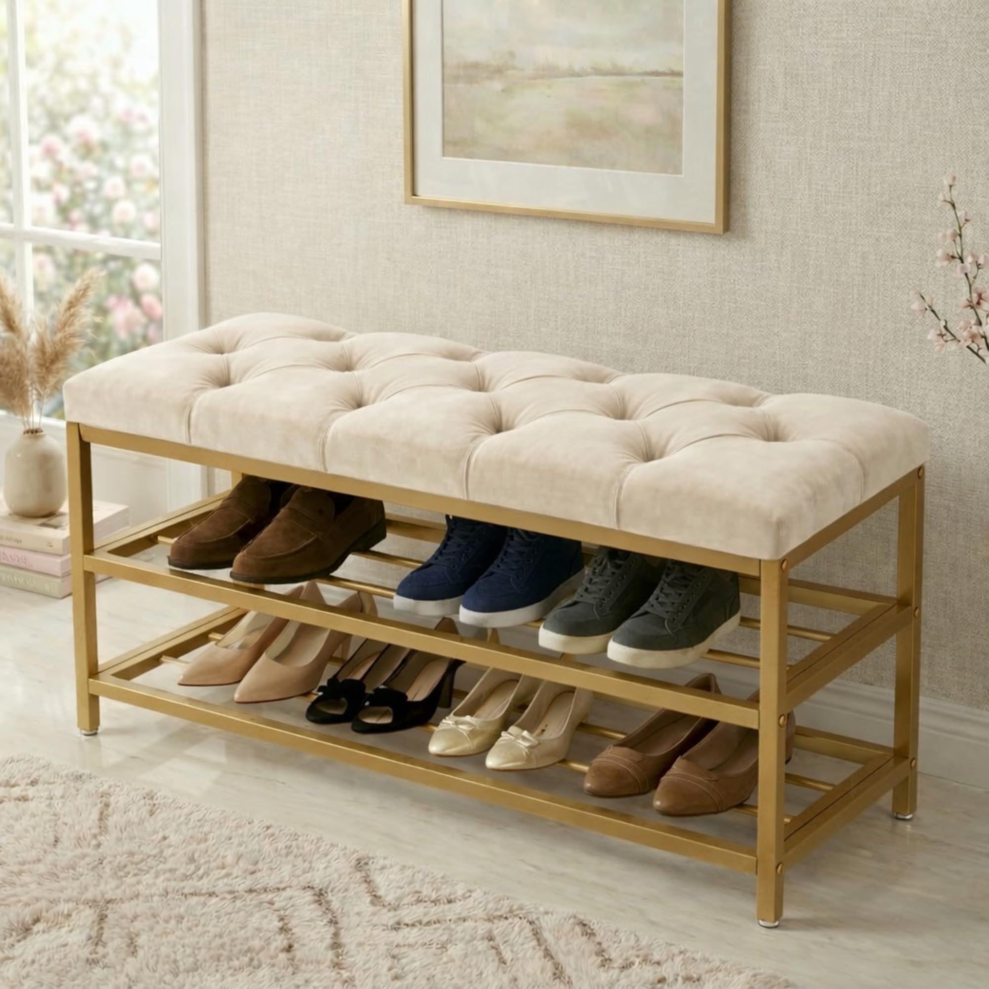 Harveys Ottoman Shoe Storage Bench with Velvet Fabric & Memory Foam Seat, 2 Tier Metal Shoe Rack with Seat, Entryway Bench, Gold Finish, 10 Pair Capacity - (Diamond Buttons, Cream)