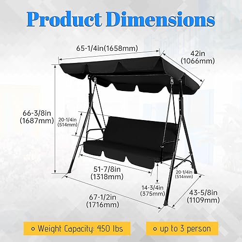 Miniatura 6 de KUAFU Silla columpio de 3 asientos para patio al aire libre, silla convertible colgante con cojín extraíble, marco de acero duradero para porche,